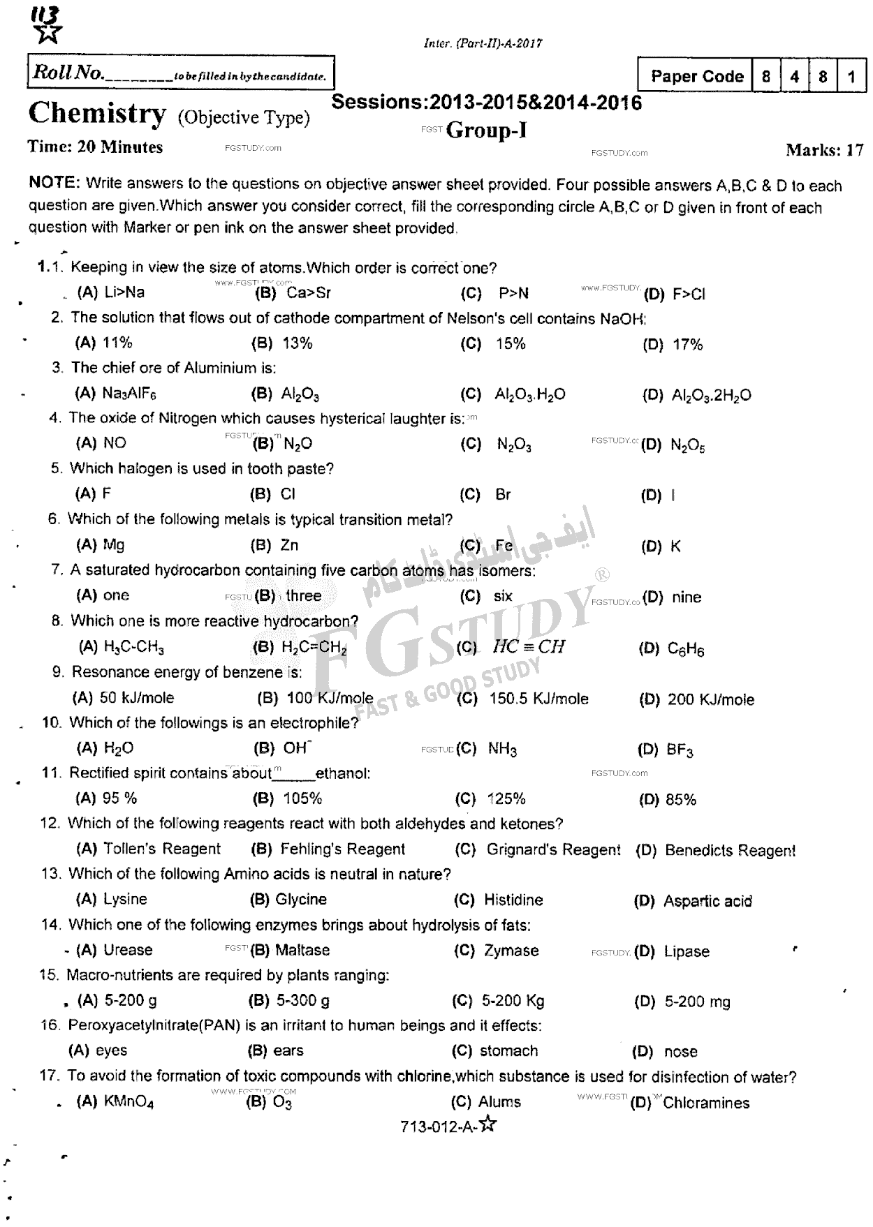 12th Class Chemistry Past Paper 2017 Rawalpindi Board Group 1 Objective