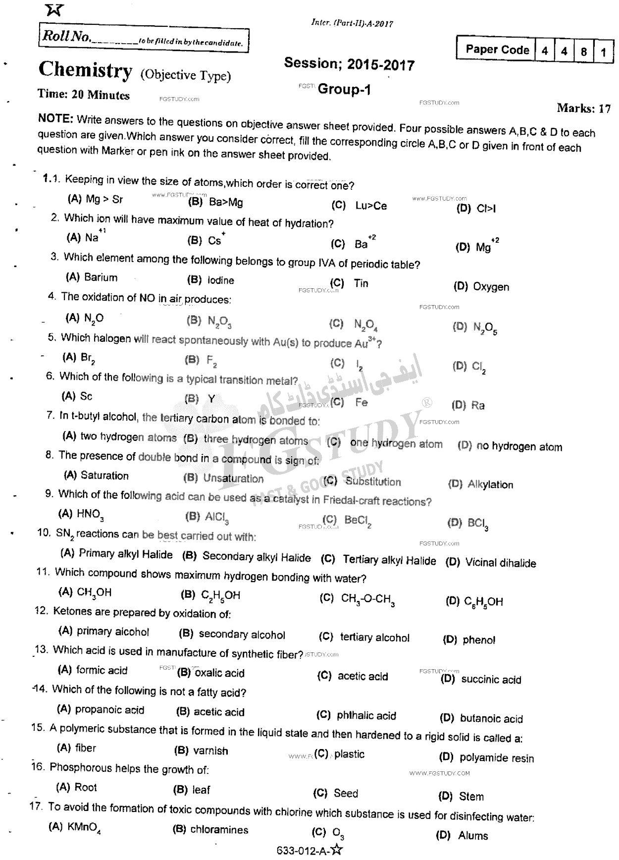 12th Class Chemistry Past Paper 2017 Rawalpindi Board Group 1 Objective