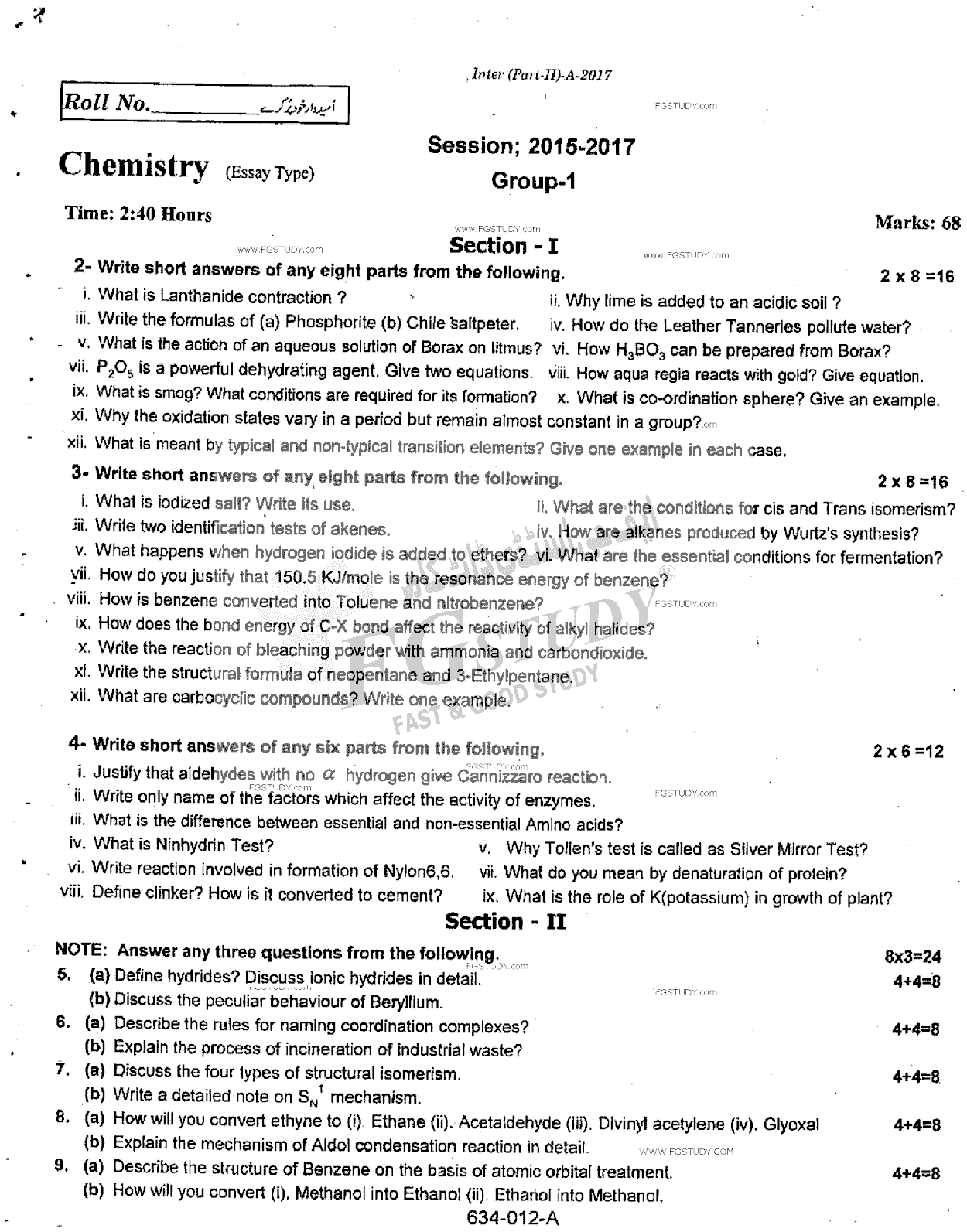 12th Class Chemistry Past Paper 2017 Rawalpindi Board Group 1 Subjective