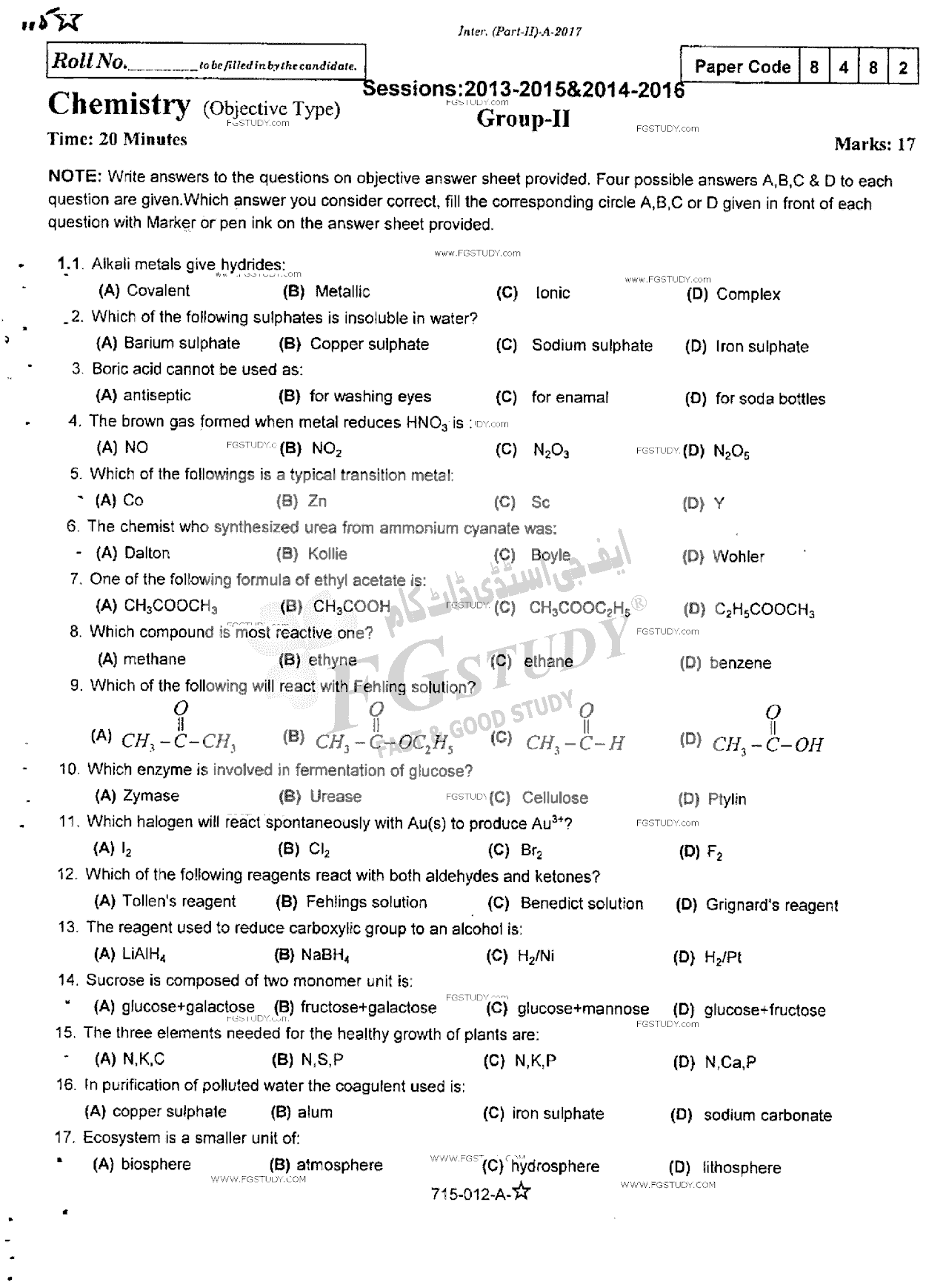 12th Class Chemistry Past Paper 2017 Rawalpindi Board Group 2 Objective