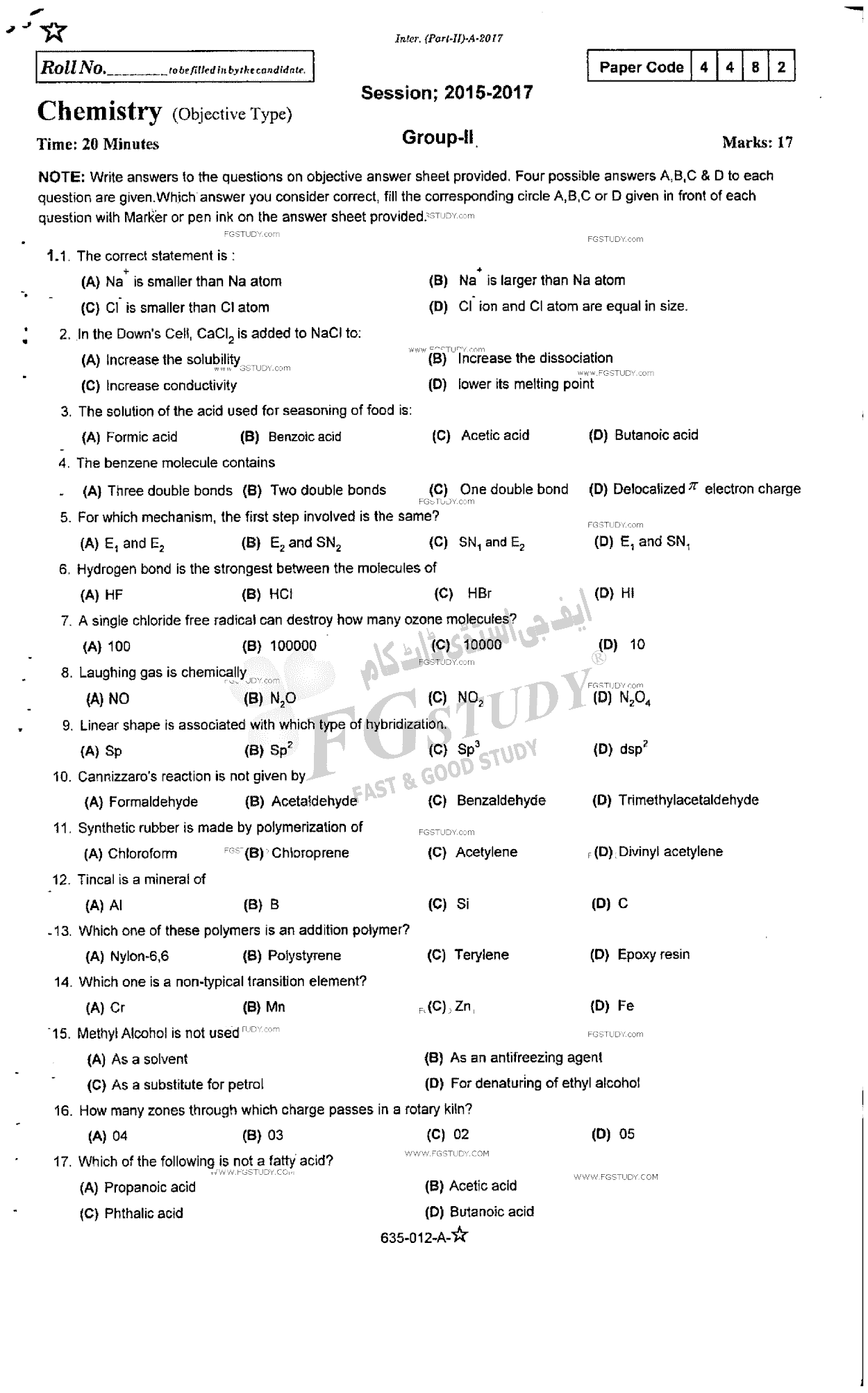 12th Class Chemistry Past Paper 2017 Rawalpindi Board Group 2 Objective