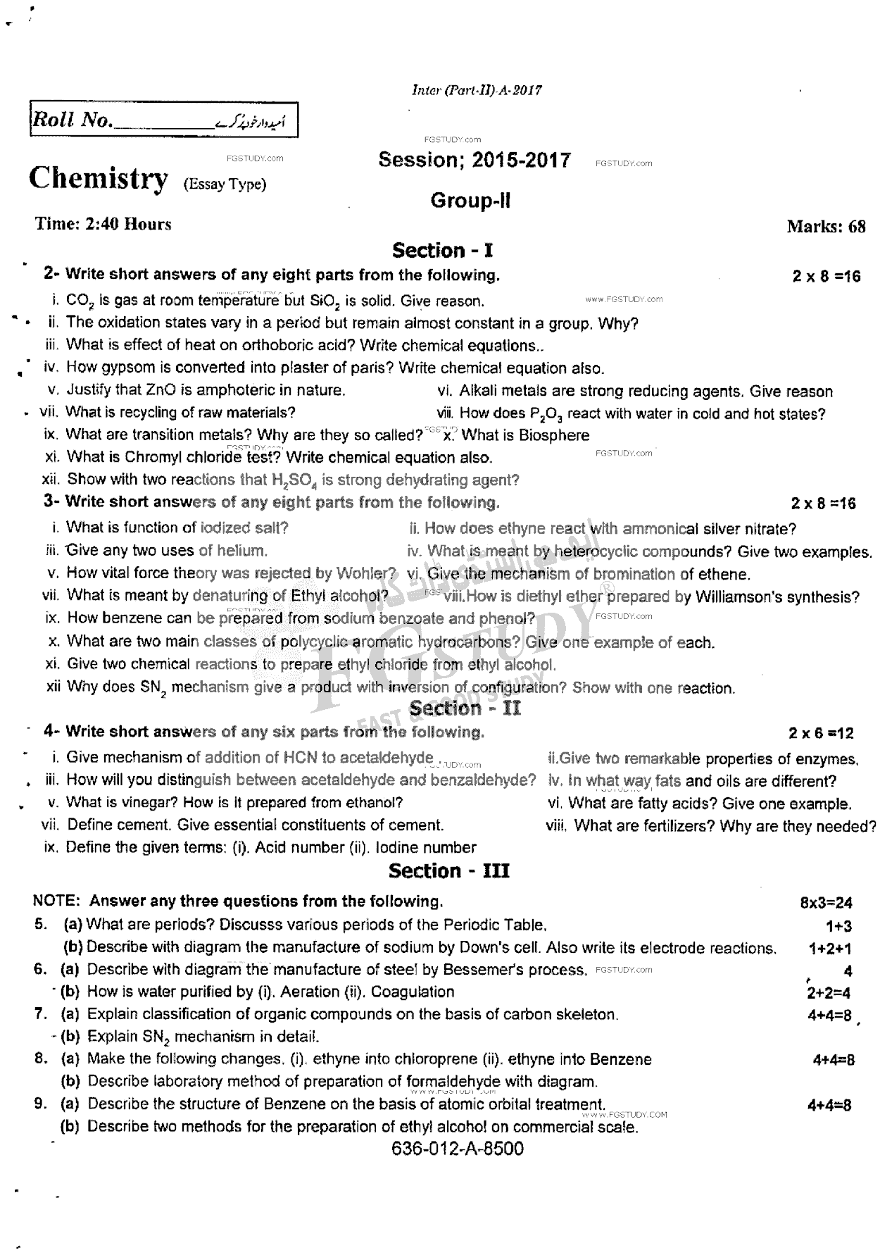 12th Class Chemistry Past Paper 2017 Rawalpindi Board Group 2 Subjective