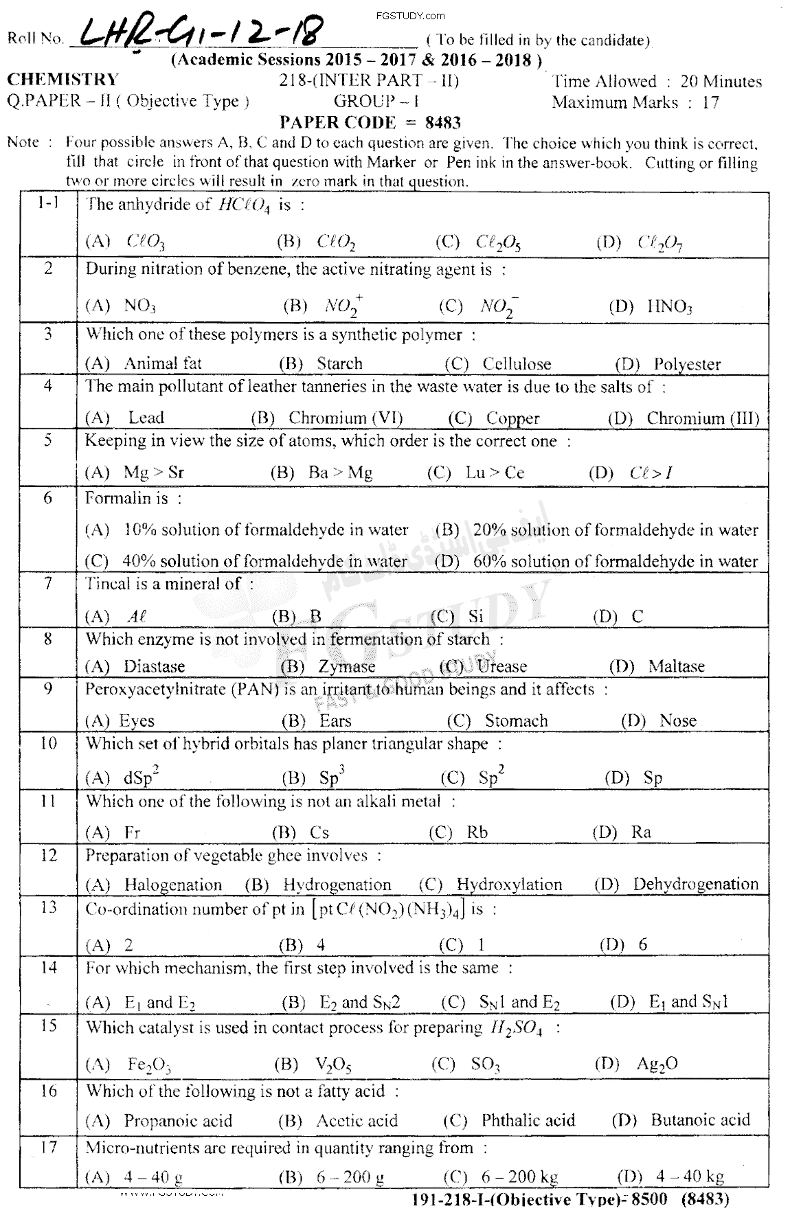 12th Class Chemistry Past Paper 2018 Lahore Board Group 1 Objective