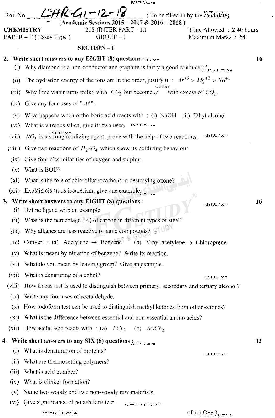 12th Class Chemistry Past Paper 2018 Lahore Board Group 1 Subjective