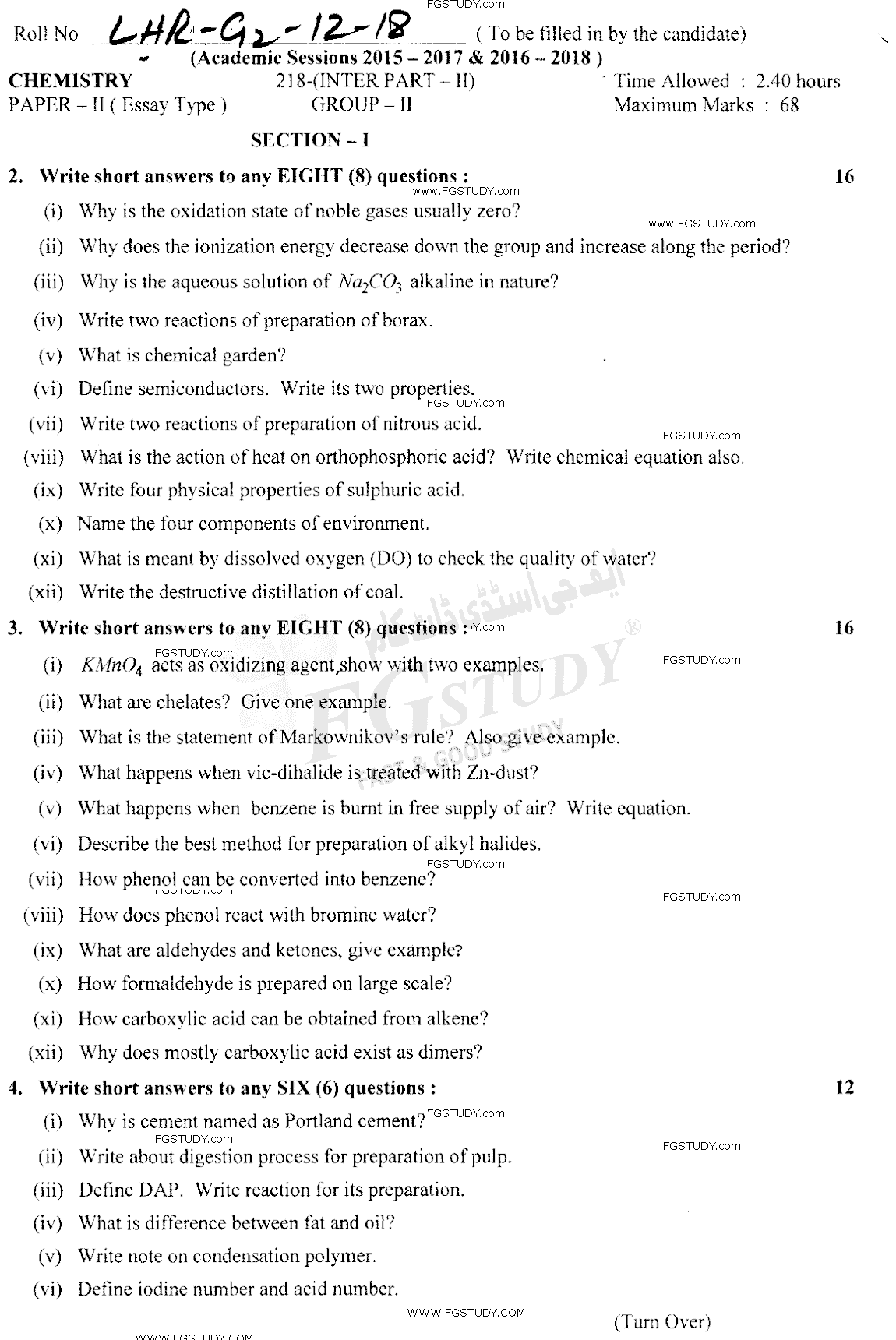 12th Class Chemistry Past Paper 2018 Lahore Board Group 2 Subjective