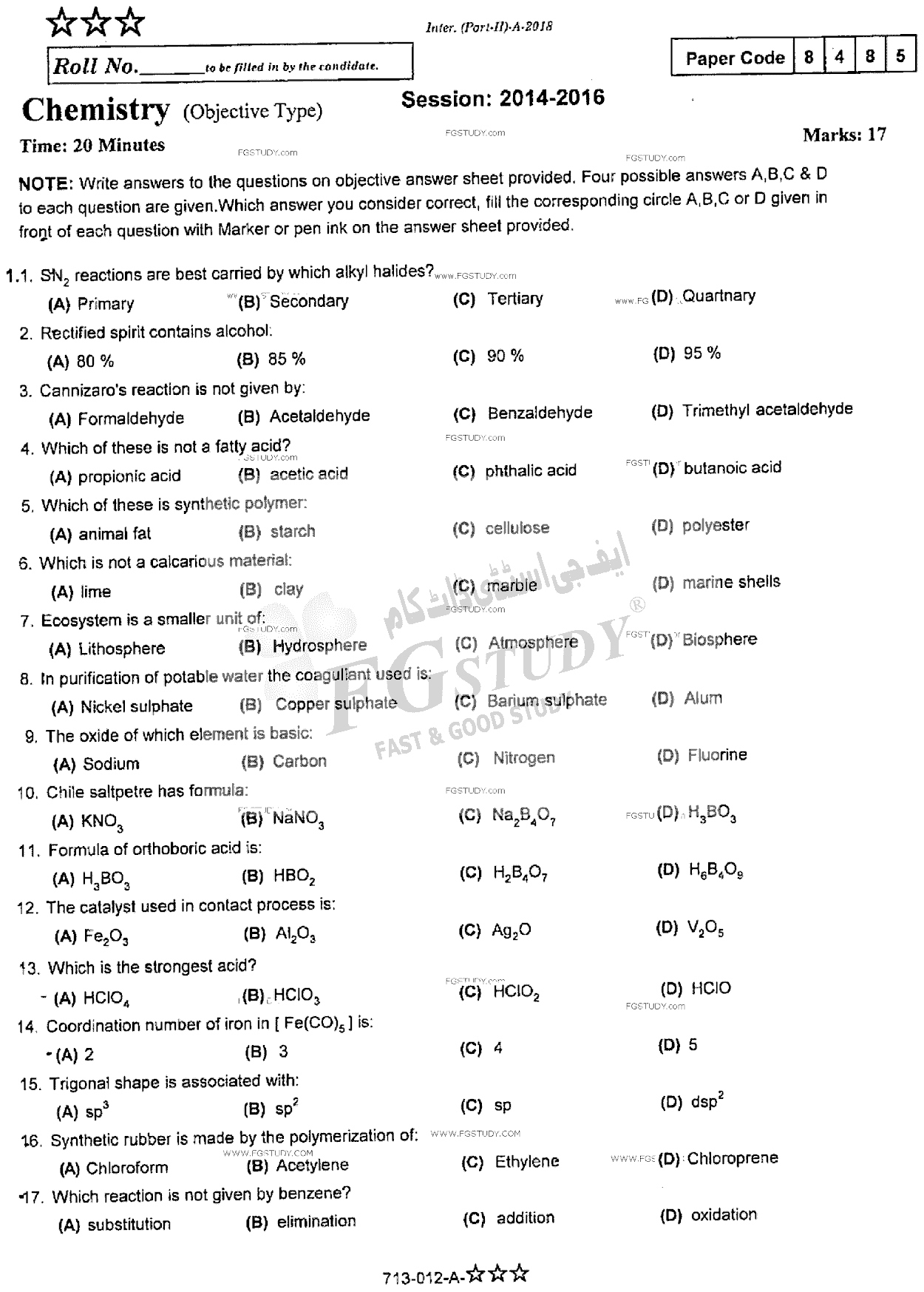 12th Class Chemistry Past Paper 2018 Rawalpindi Board Objective