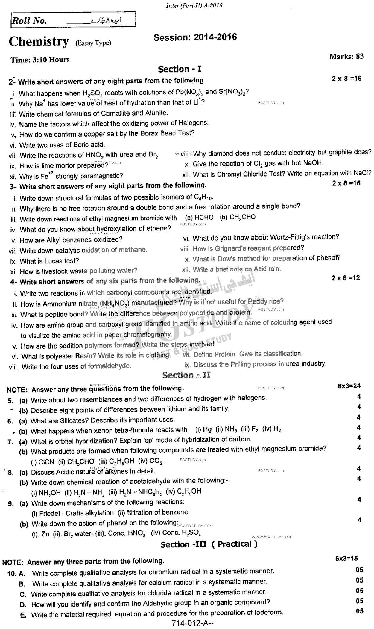 12th Class Chemistry Past Paper 2018 Rawalpindi Board Subjective