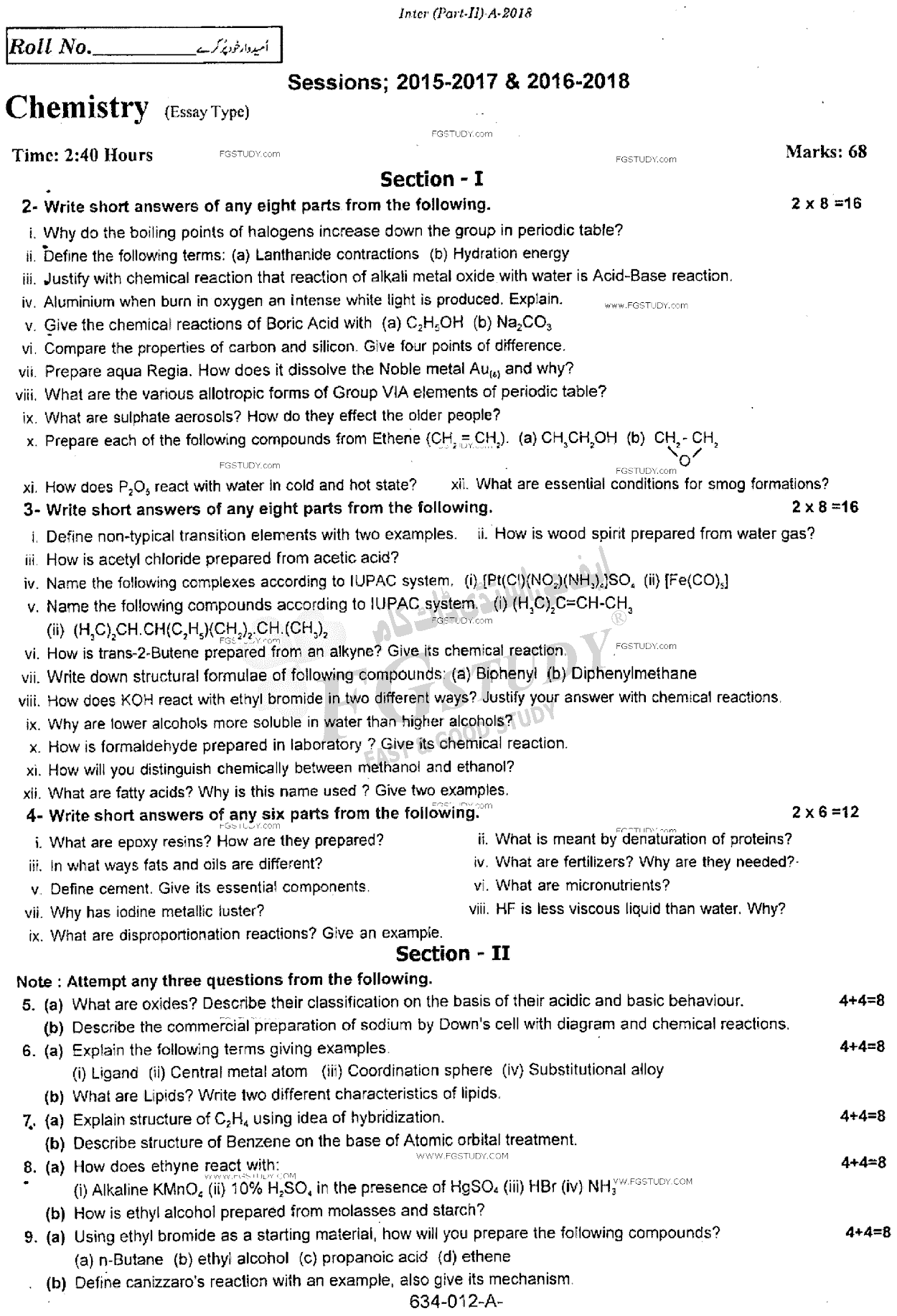 12th Class Chemistry Past Paper 2018 Rawalpindi Board Subjective