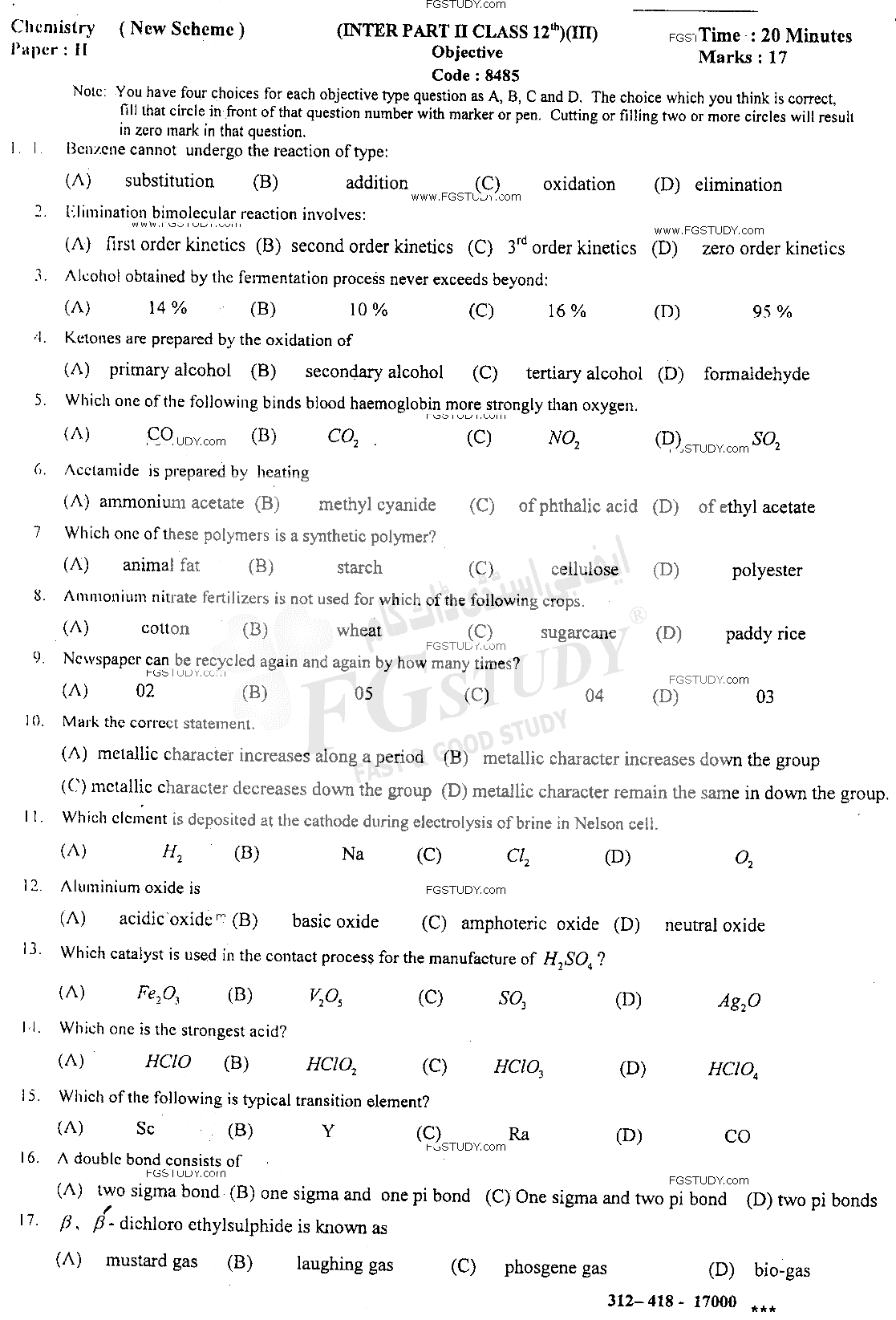 12th Class Chemistry Past Paper 2018 Sahiwal Board Objective