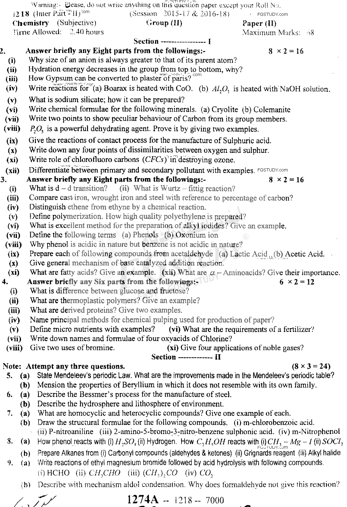 12th Class Chemistry Past Paper 2018 Sargodha Board Group 2 Subjective