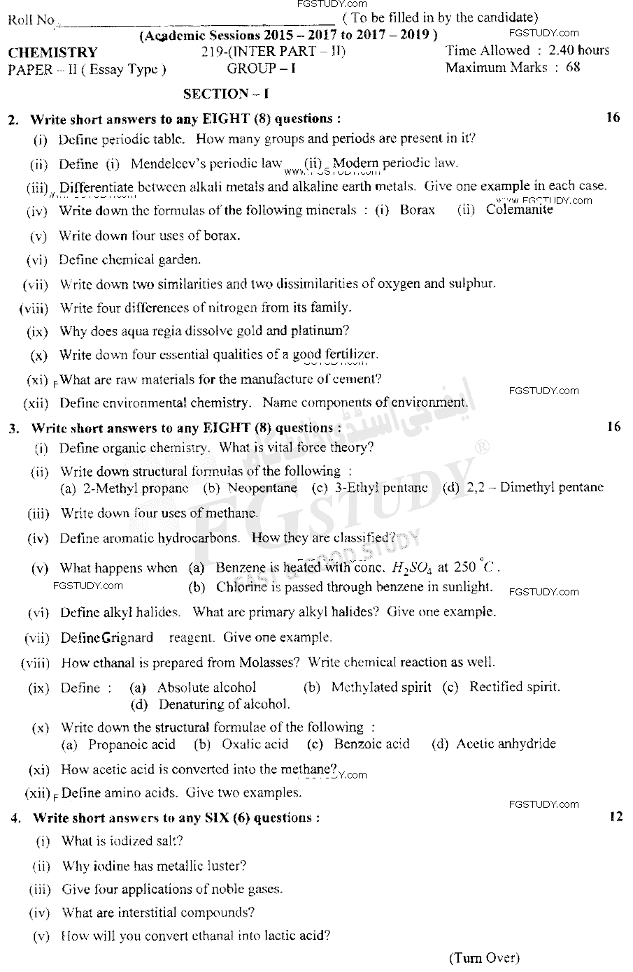12th Class Chemistry Past Paper 2019 Lahore Board Group 1 Subjective