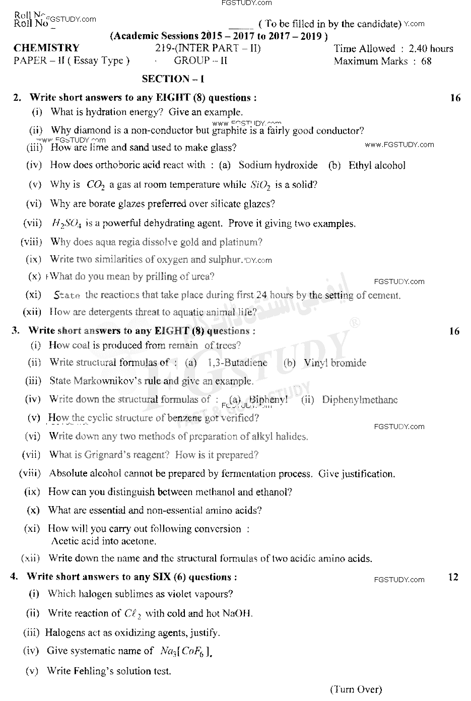 12th Class Chemistry Past Paper 2019 Lahore Board Group 2 Subjective