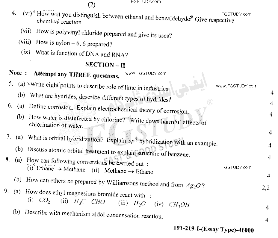 12th Class Chemistry Past Paper 2019 Lahore Board Group 2 Subjective