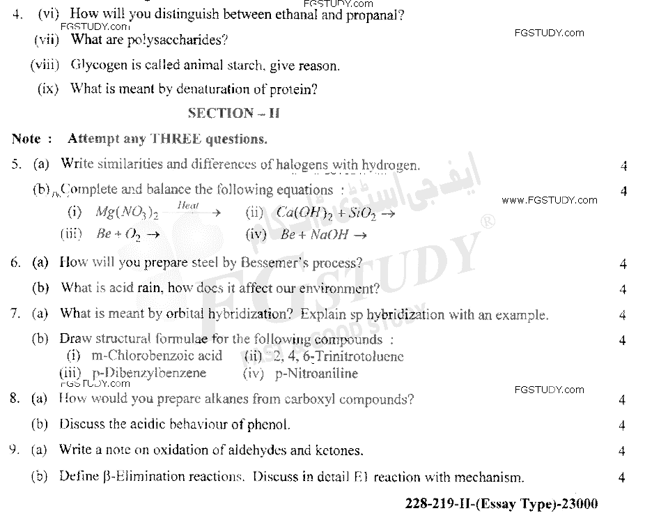 12th Class Chemistry Past Paper 2019 Lahore Board Group 2 Subjective