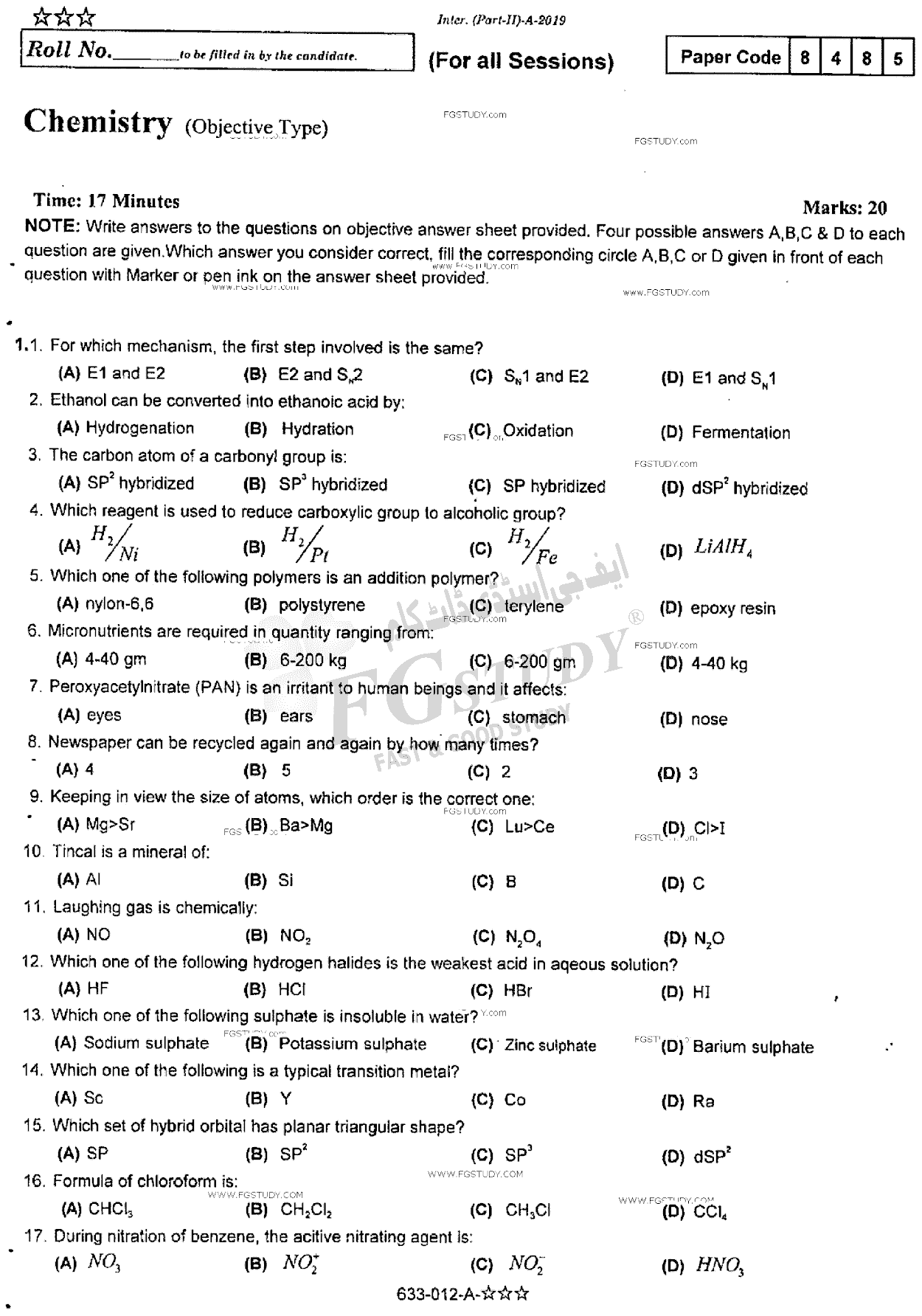12th Class Chemistry Past Paper 2019 Rawalpindi Board Objective