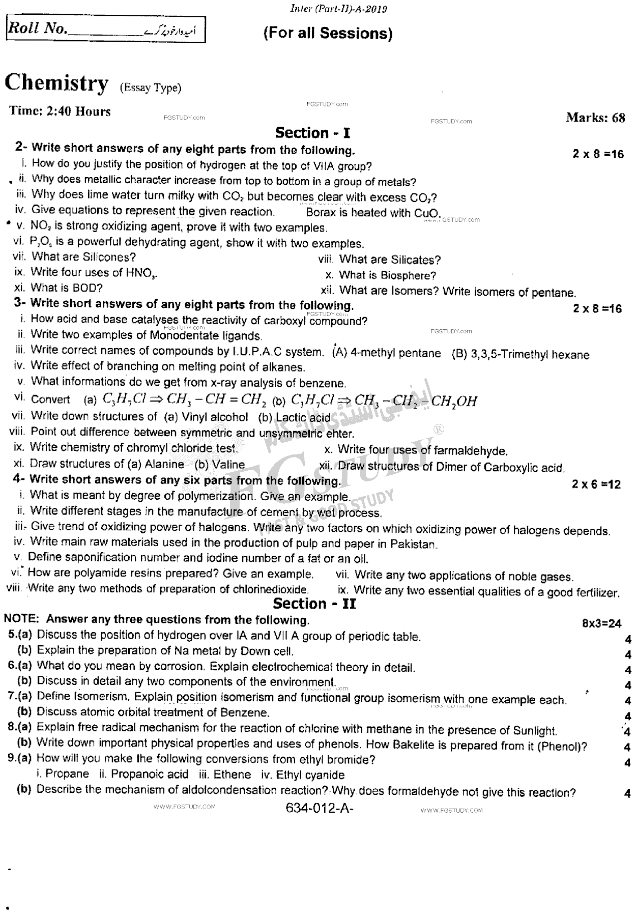 12th Class Chemistry Past Paper 2019 Rawalpindi Board Subjective