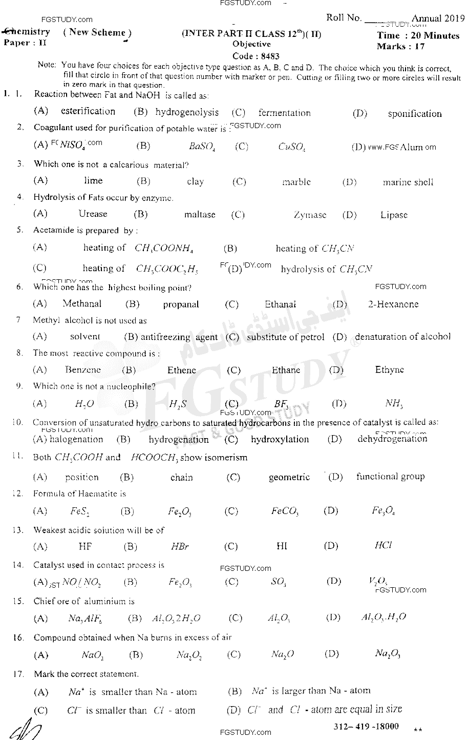 12th Class Chemistry Past Paper 2019 Sahiwal Board Objective