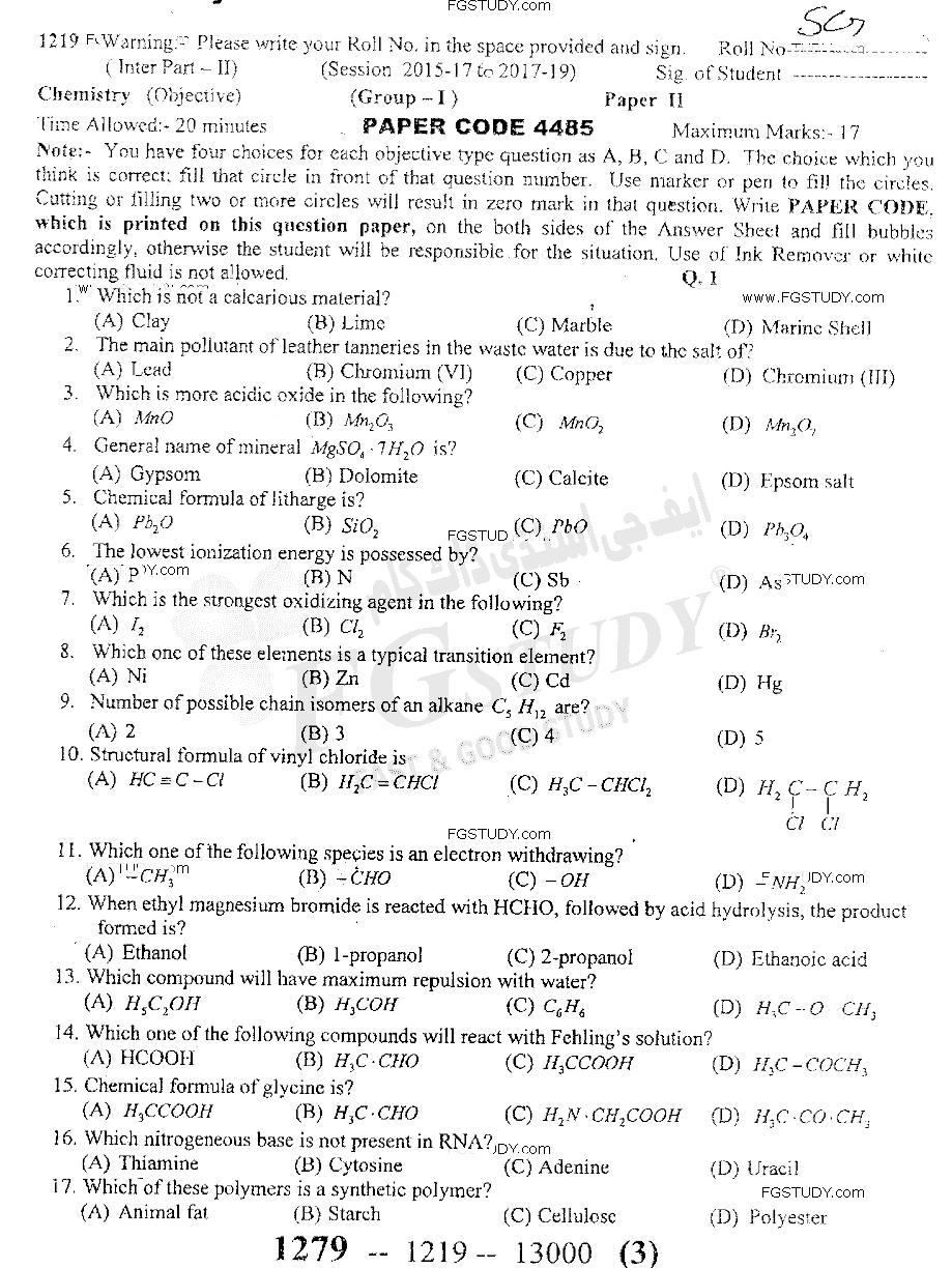 12th Class Chemistry Past Paper 2019 Sargodha Board Group 1 Objective