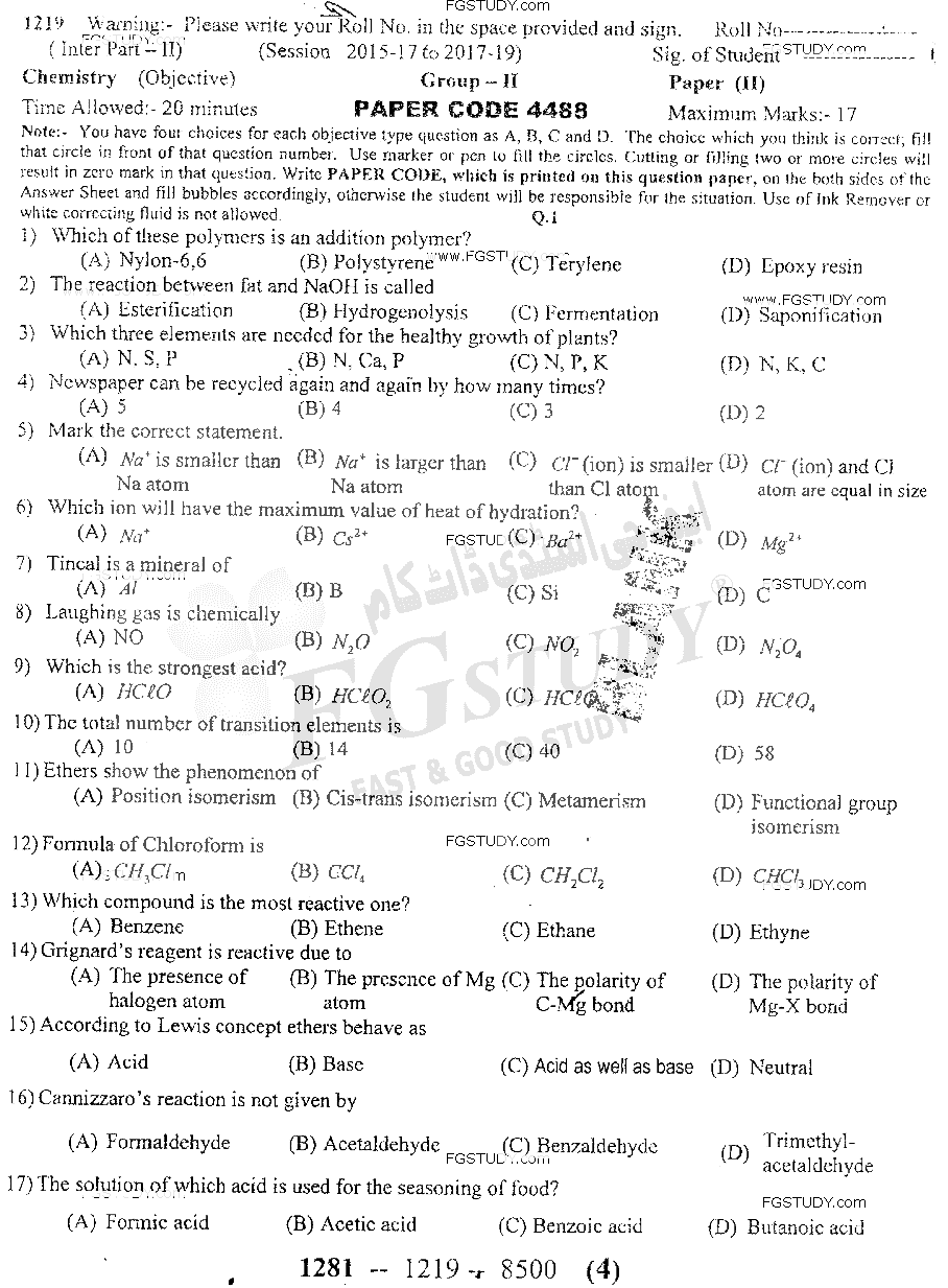 12th Class Chemistry Past Paper 2019 Sargodha Board Group 2 Objective