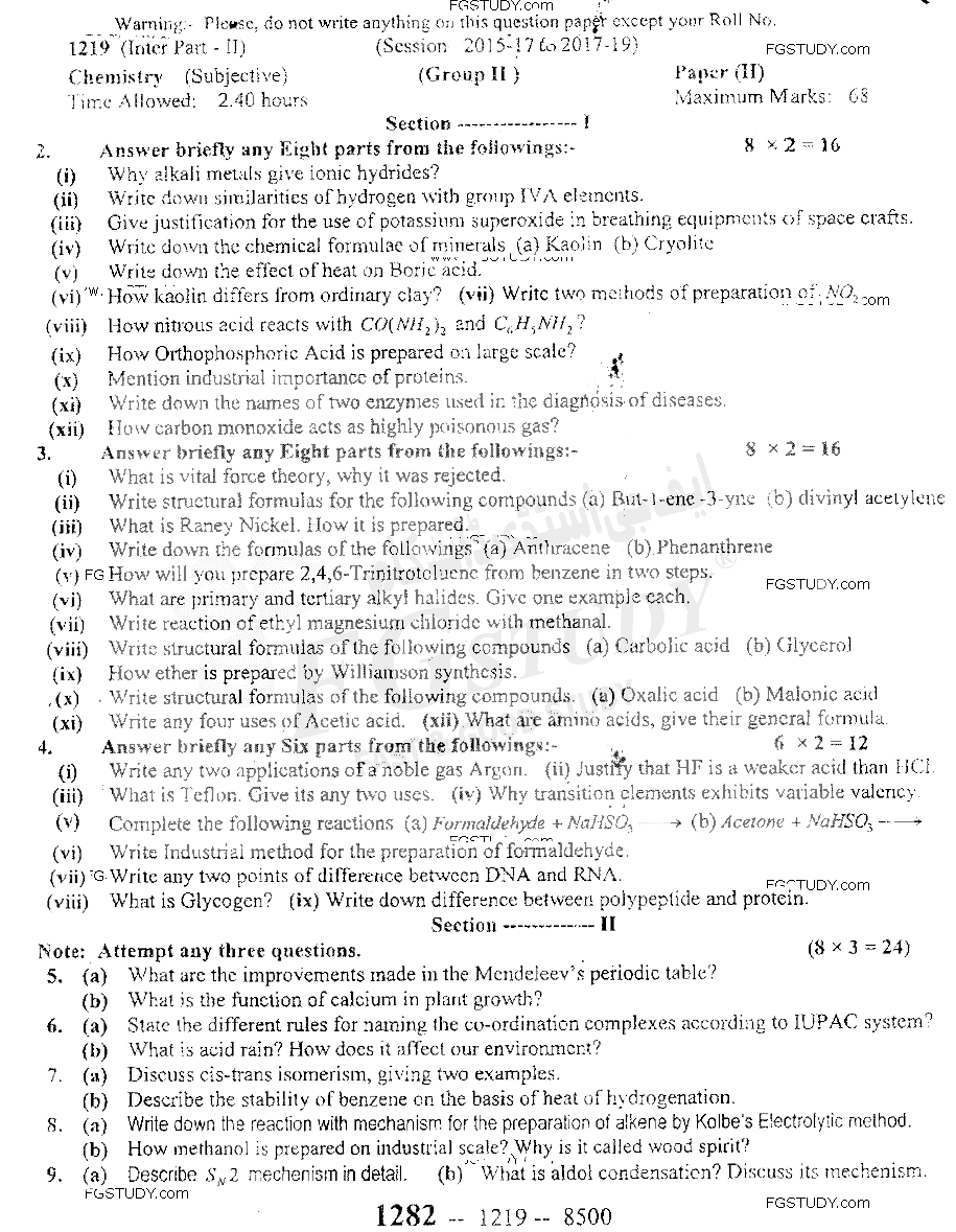 12th Class Chemistry Past Paper 2019 Sargodha Board Group 2 Subjective