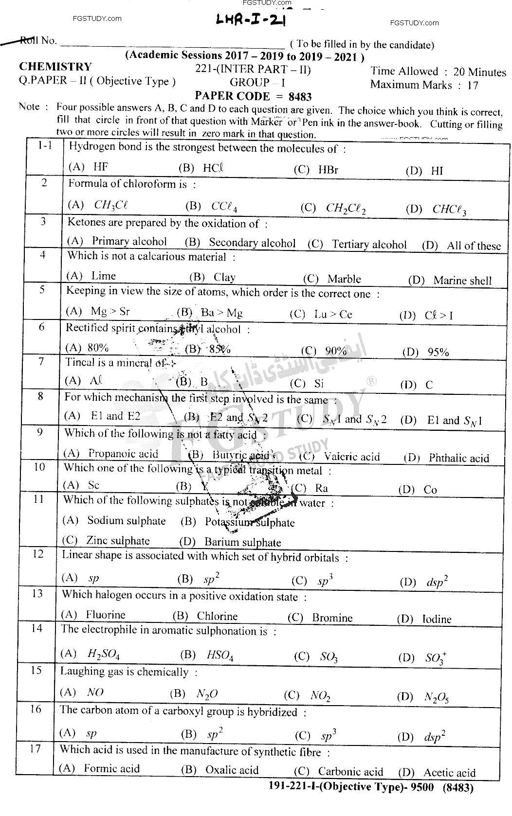 12th Class Chemistry Past Paper 2021 Lahore Board Group 1 Objective