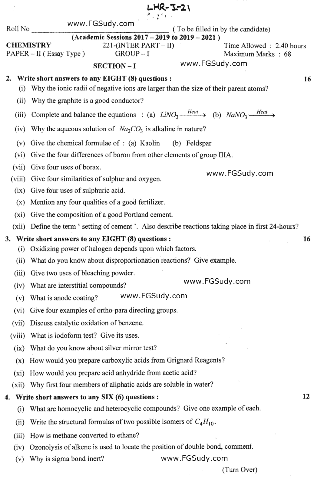 12th Class Chemistry Past Paper 2021 Lahore Board Group 1 Subjective