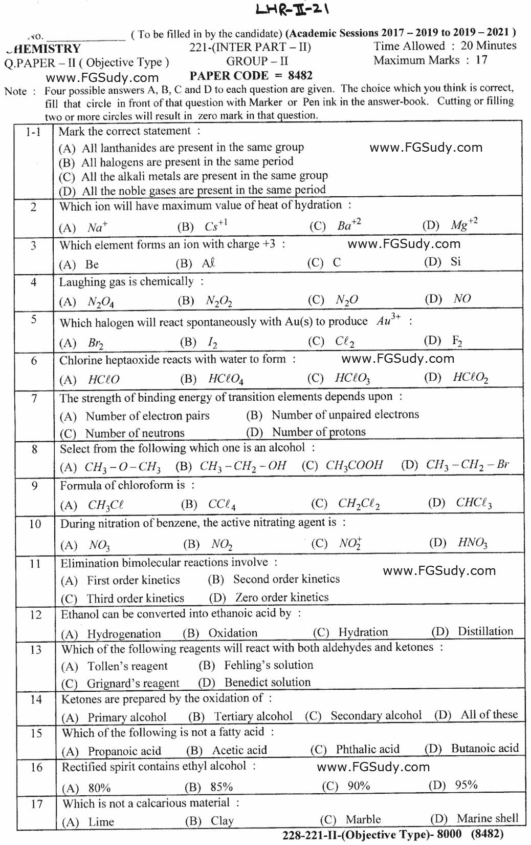 12th Class Chemistry Past Paper 2021 Lahore Board Group 2 Objective