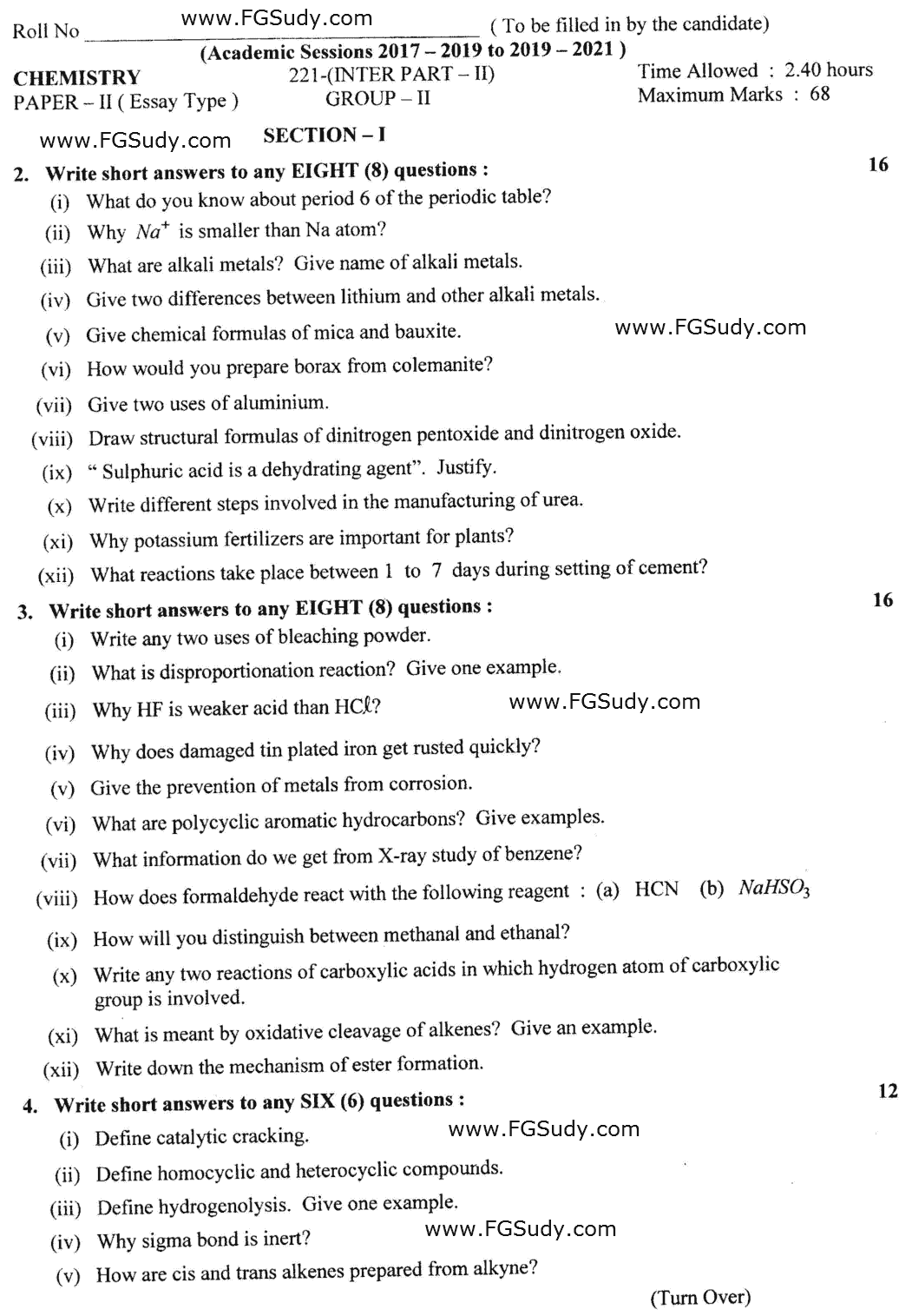 12th Class Chemistry Past Paper 2021 Lahore Board Group 2 Subjective