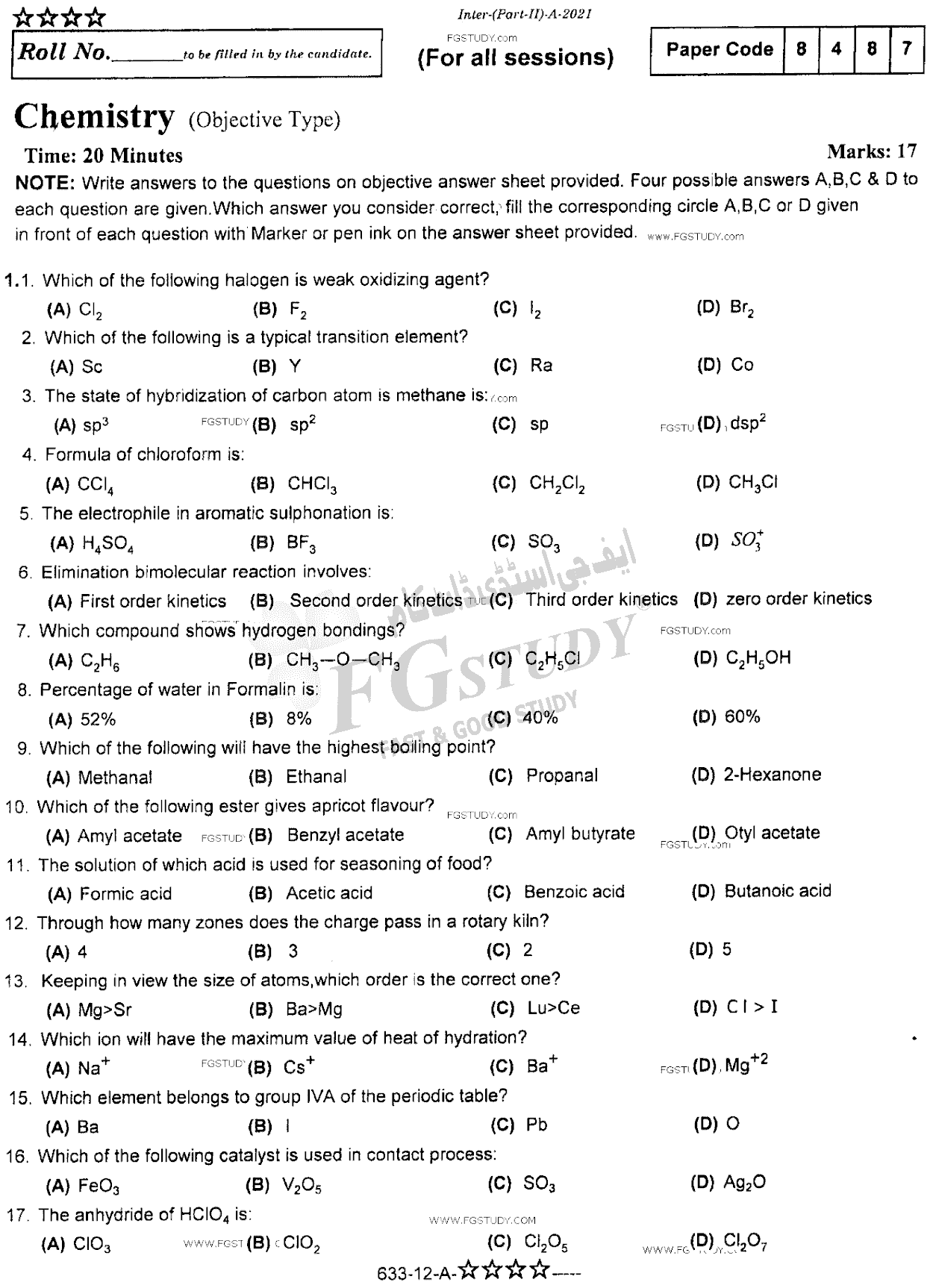 12th Class Chemistry Past Paper 2021 Rawalpindi Board Objective