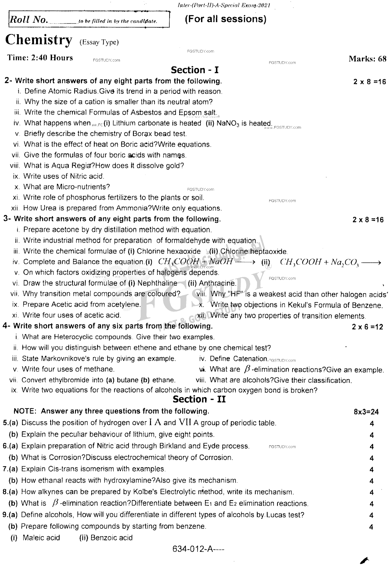12th Class Chemistry Past Paper 2021 Rawalpindi Board Subjective