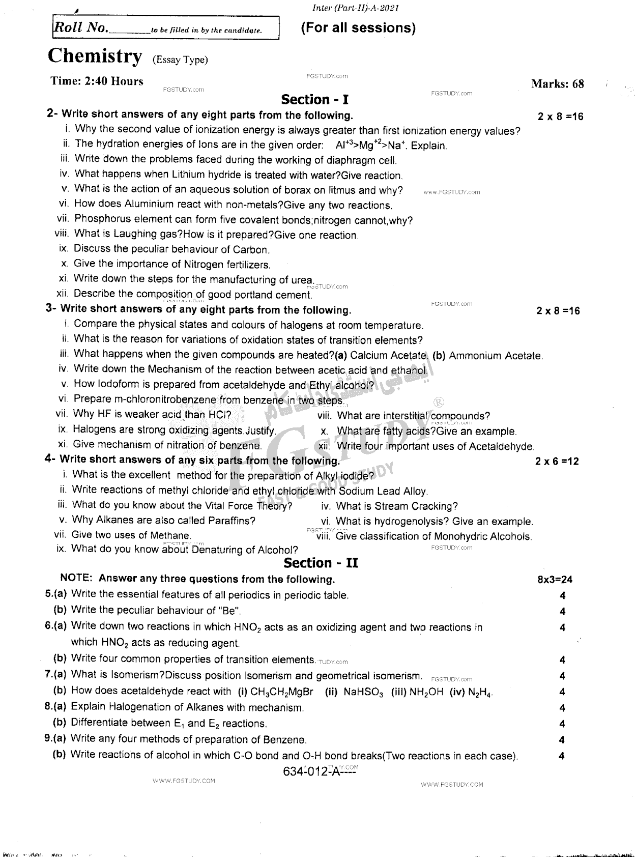 12th Class Chemistry Past Paper 2021 Rawalpindi Board Subjective