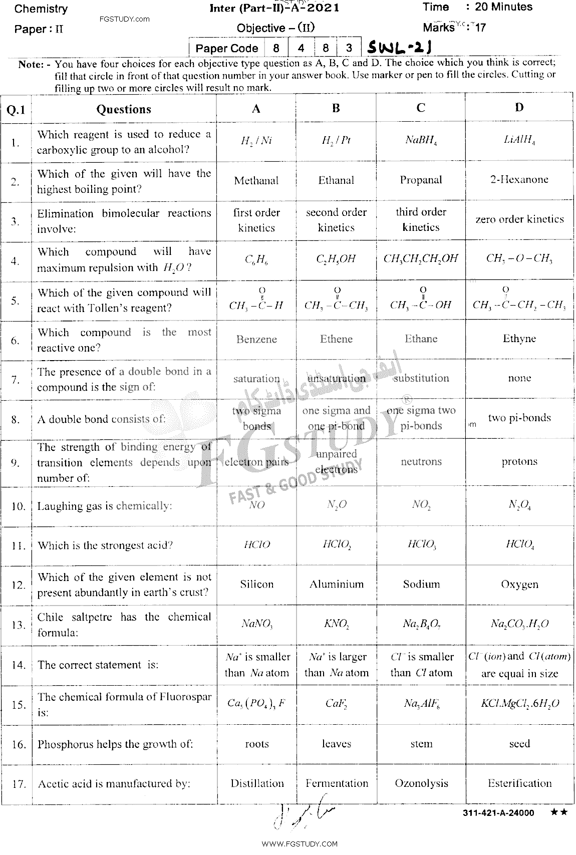 12th Class Chemistry Past Paper 2021 Sahiwal Board Objective