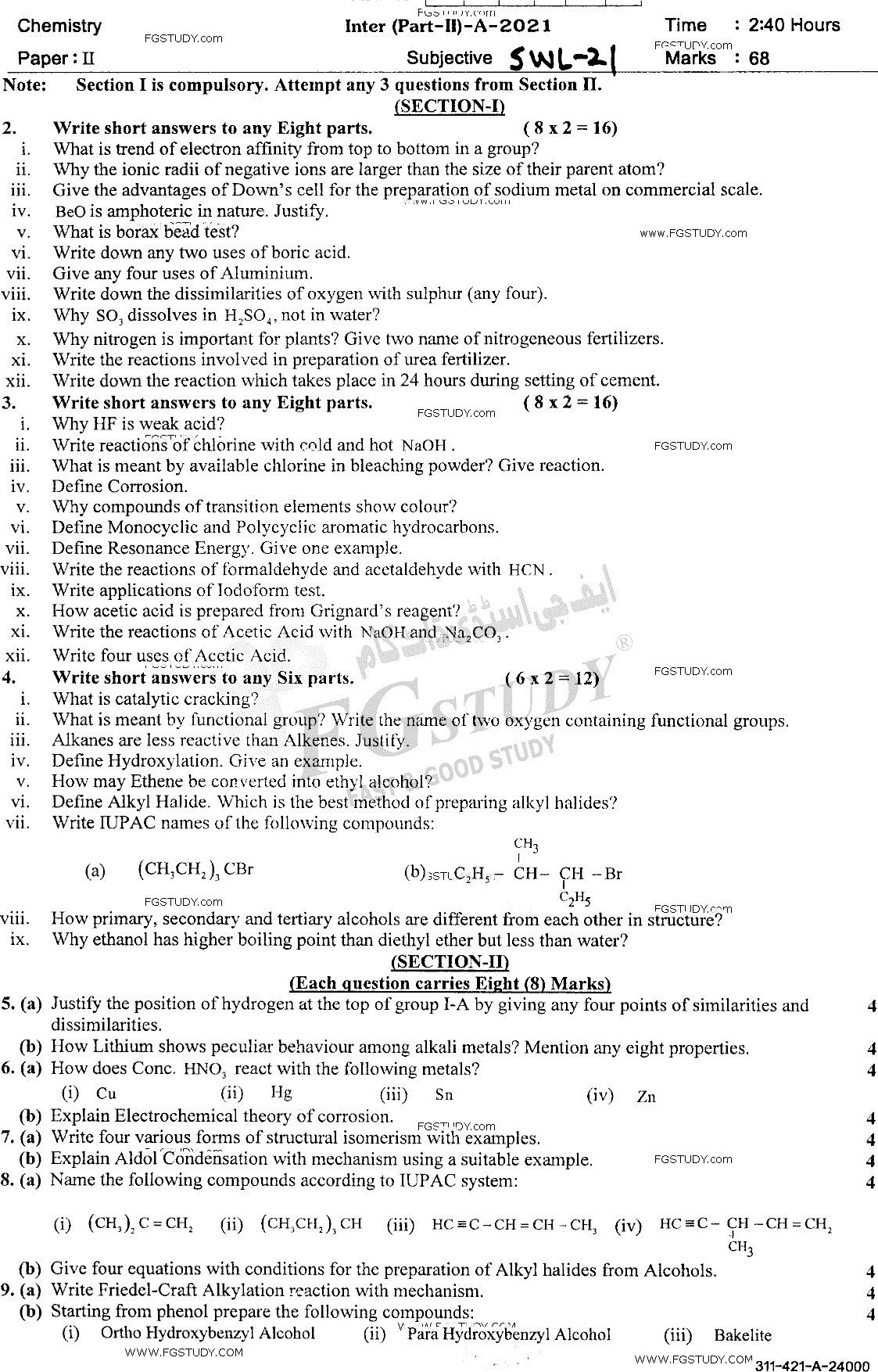 12th Class Chemistry Past Paper 2021 Sahiwal Board Subjective