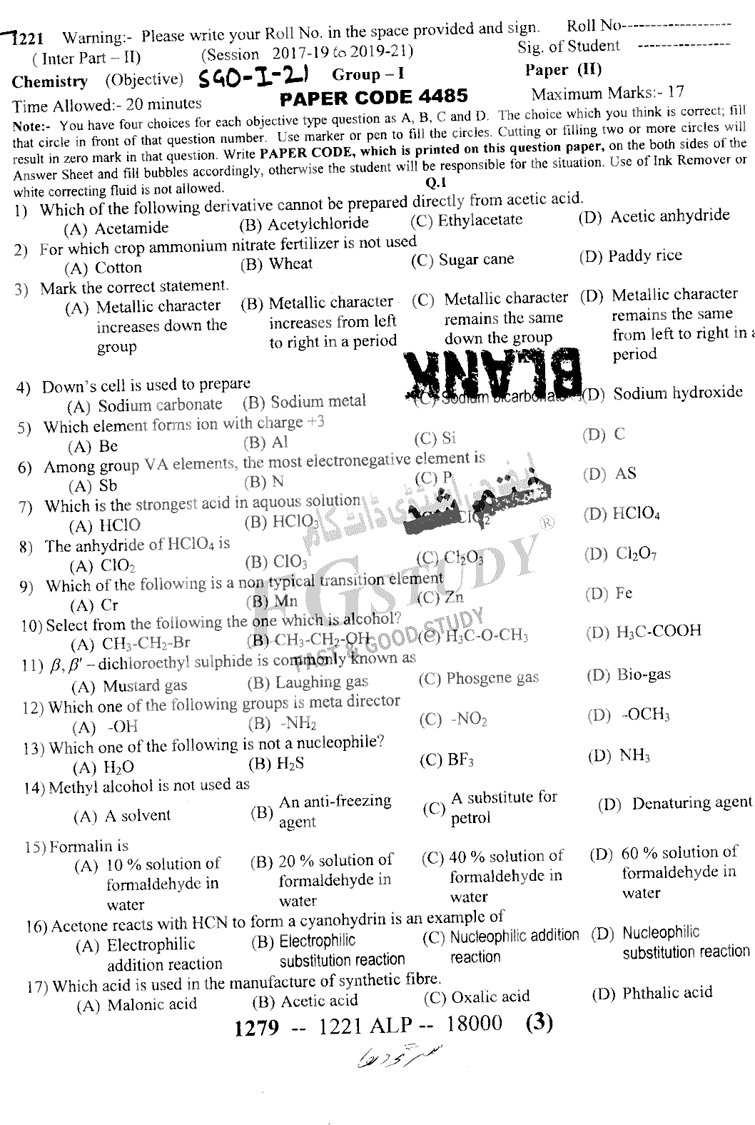 12th Class Chemistry Past Paper 2021 Sargodha Board Group 1 Objective