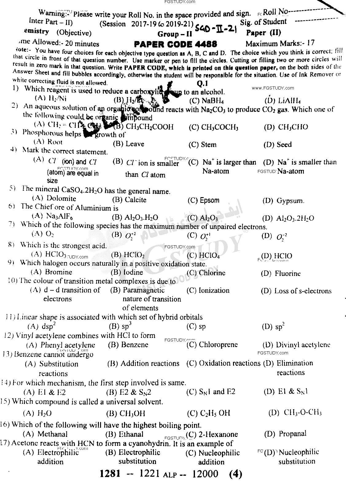 12th Class Chemistry Past Paper 2021 Sargodha Board Group 2 Objective