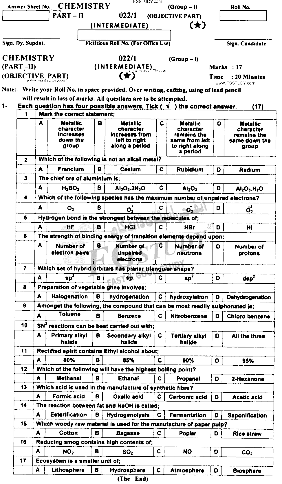12th Class Chemistry Past Paper 2022 Ajk Board Group 1 Objective