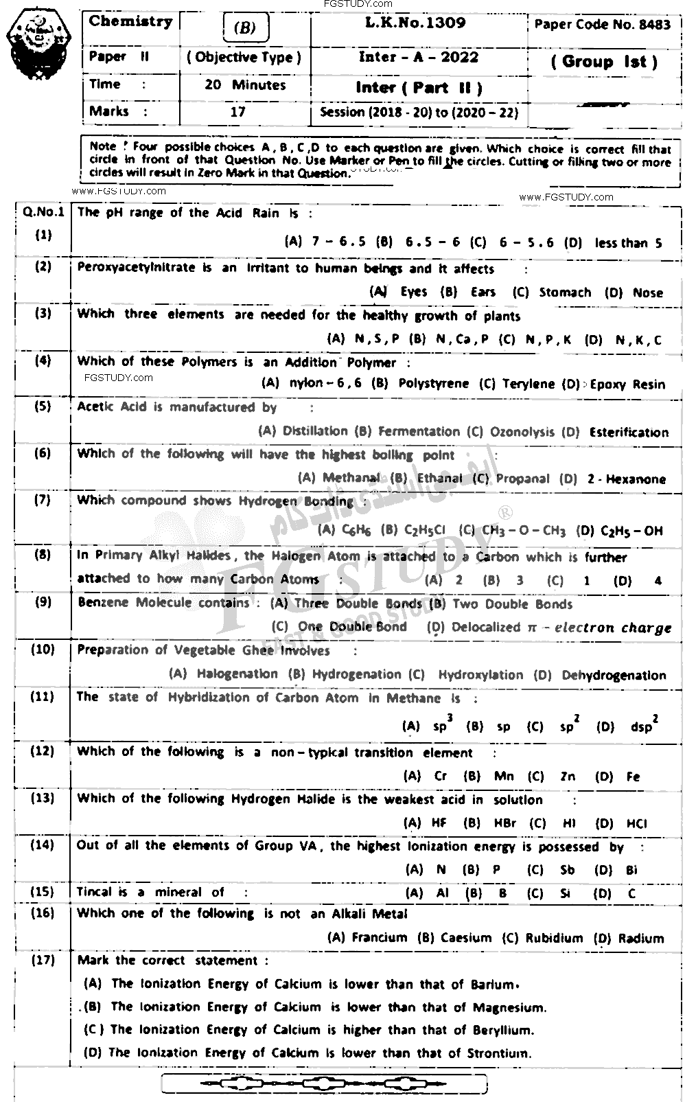 12th Class Chemistry Past Paper 2022 Bahawalpur Board Group 1 Objective