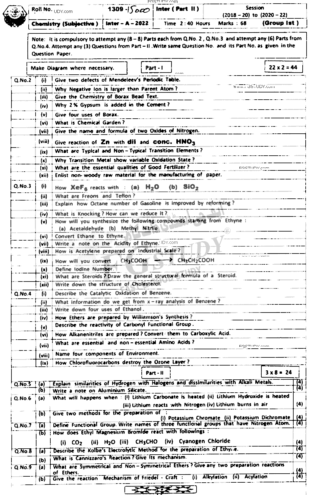 12th Class Chemistry Past Paper 2022 Bahawalpur Board Group 1 Subjective