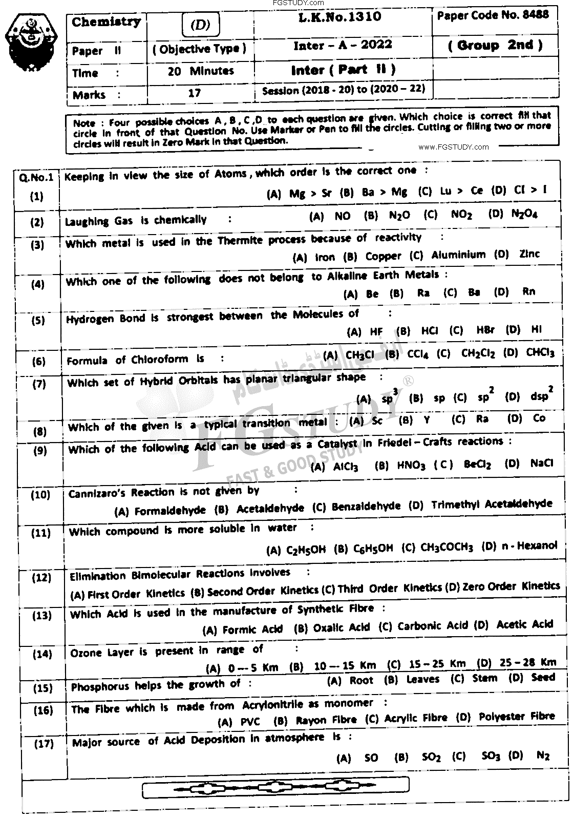 12th Class Chemistry Past Paper 2022 Bahawalpur Board Group 2 Objective