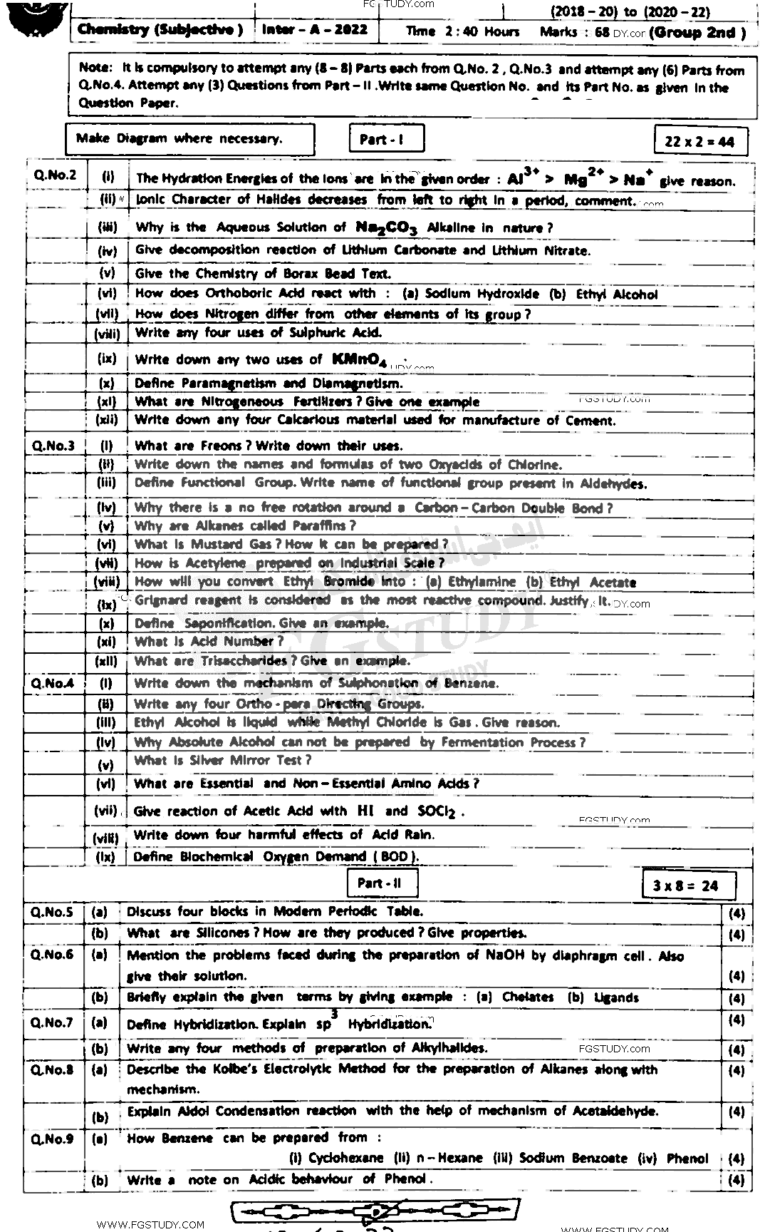 12th Class Chemistry Past Paper 2022 Bahawalpur Board Group 2 Subjective