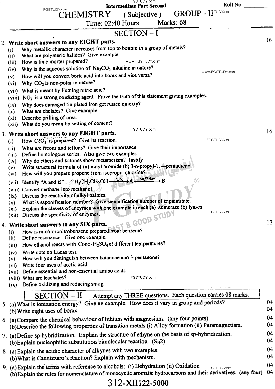 12th Class Chemistry Past Paper 2022 Faisalabad Board Group 2 Subjective