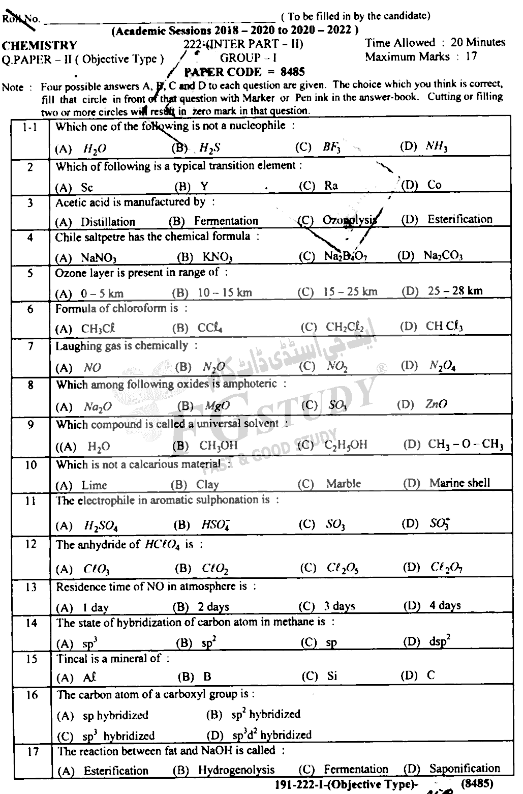 12th Class Chemistry Past Paper 2022 Lahore Board Group 1 Objective