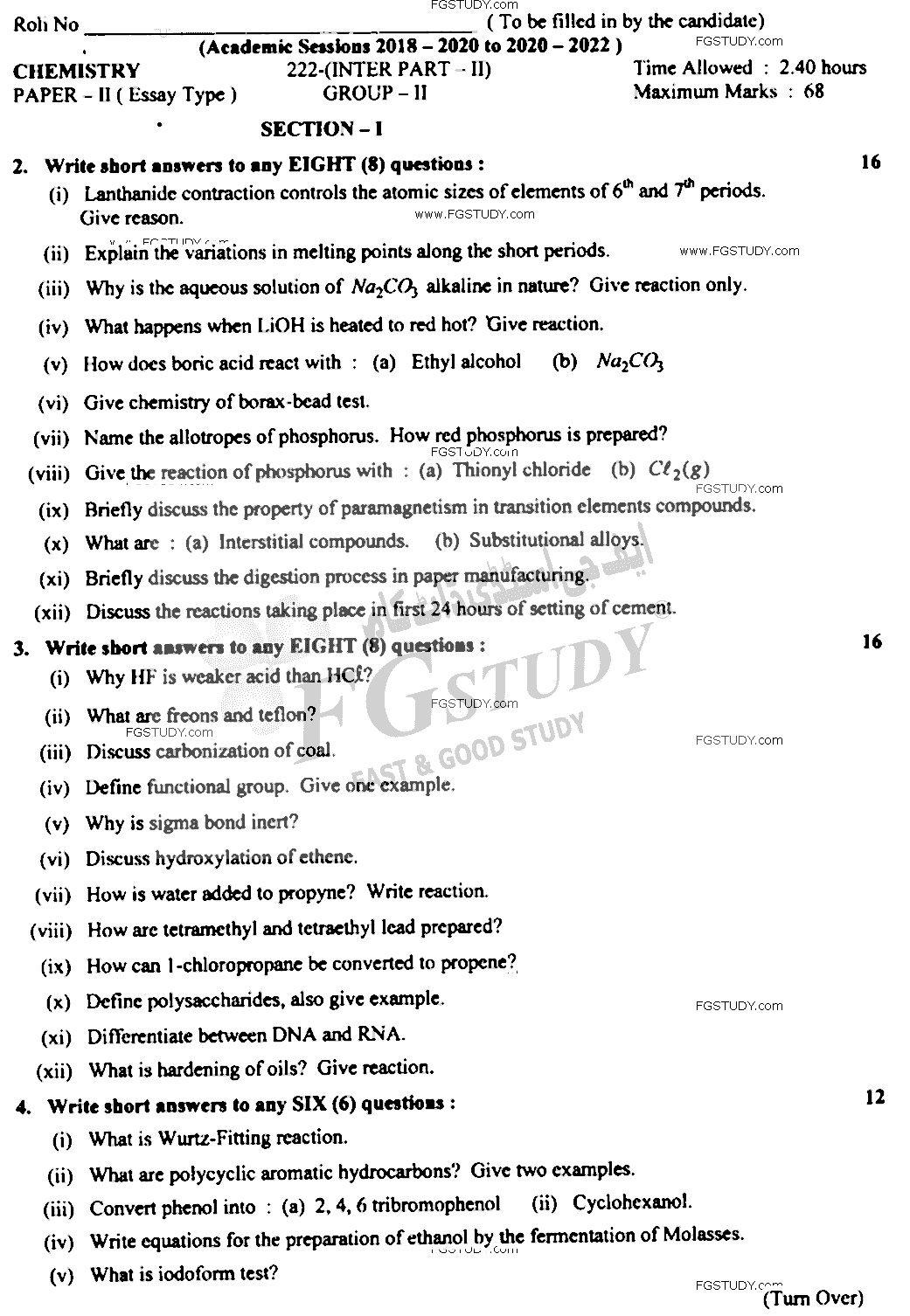 12th Class Chemistry Past Paper 2022 Lahore Board Group 2 Subjective
