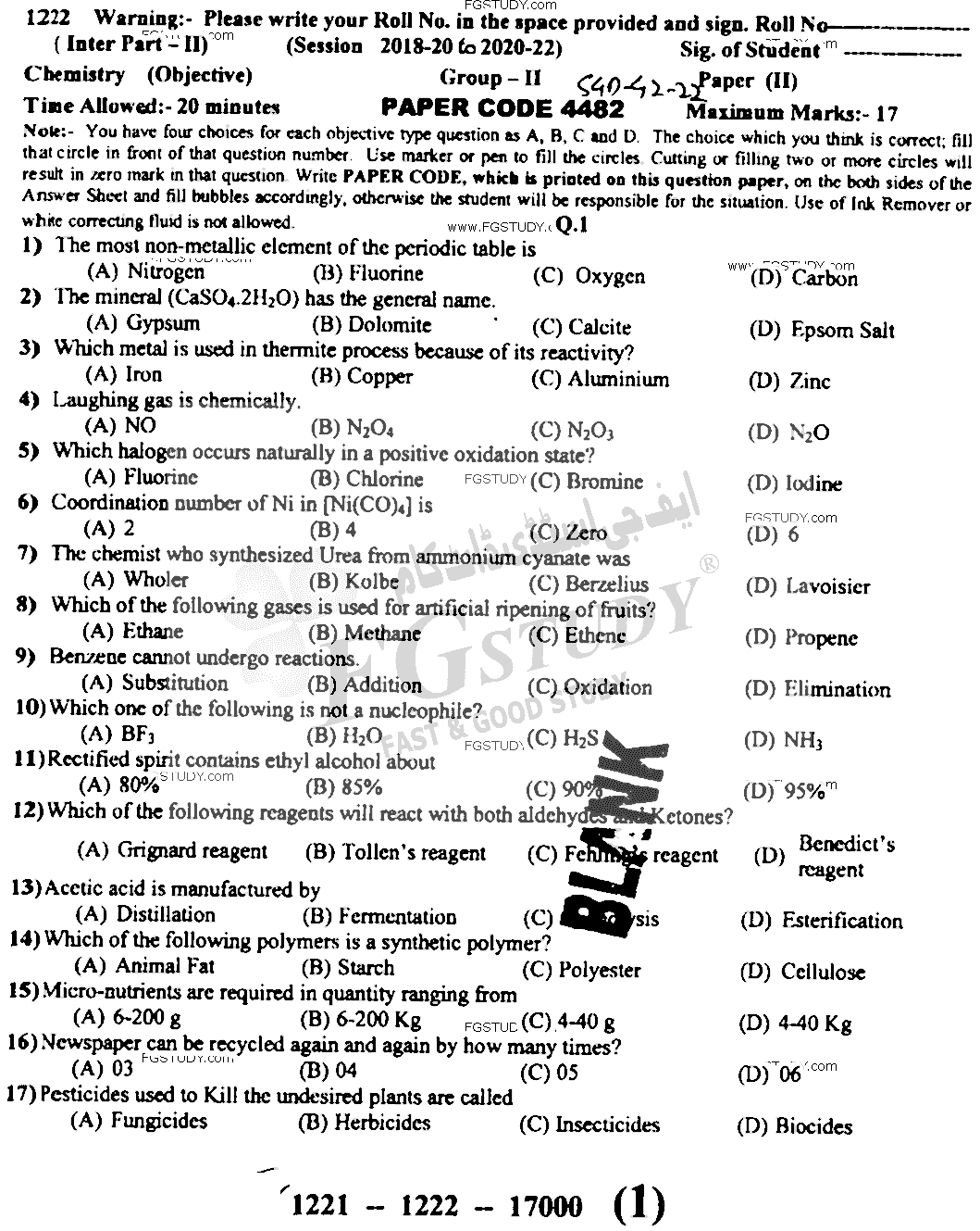 12th Class Chemistry Past Paper 2022 Sargodha Board Group 2 Objective