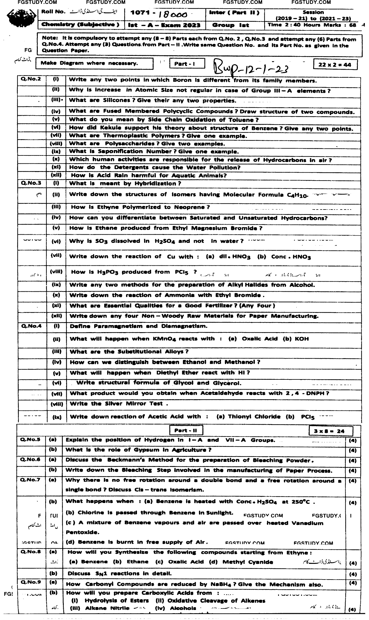 12th Class Chemistry Past Paper 2023 Bahawalpur Board Group 1 Subjective