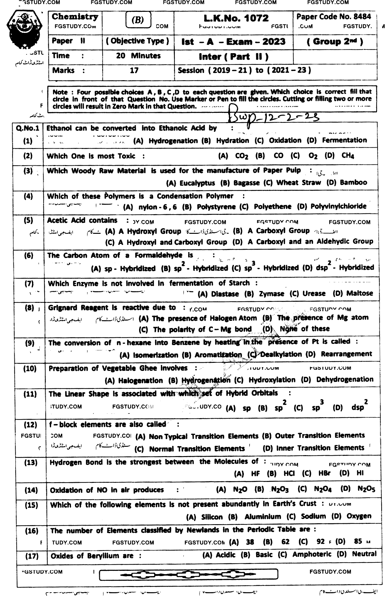 12th Class Chemistry Past Paper 2023 Bahawalpur Board Group 2 Objective