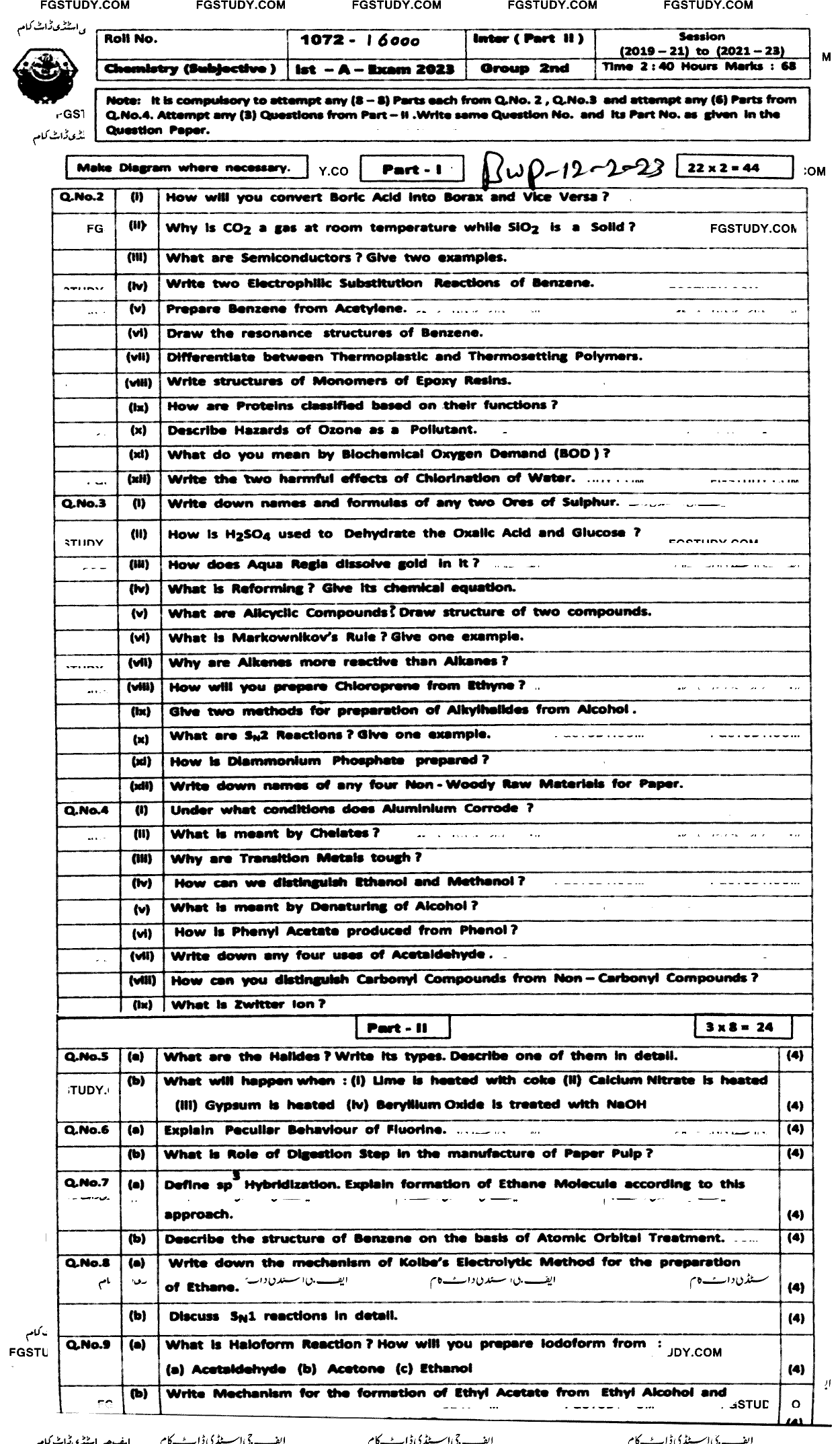 12th Class Chemistry Past Paper 2023 Bahawalpur Board Group 2 Subjective