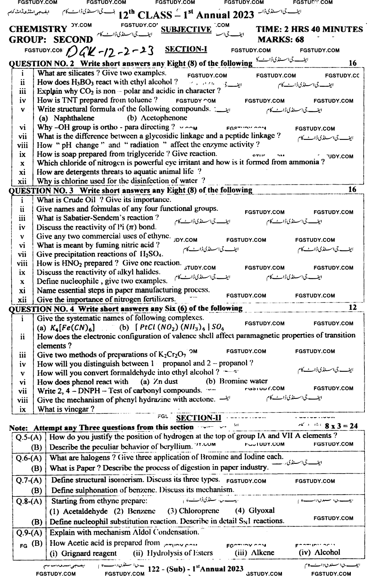 12th Class Chemistry Past Paper 2023 Dg Khan Board Group 2 Subjective