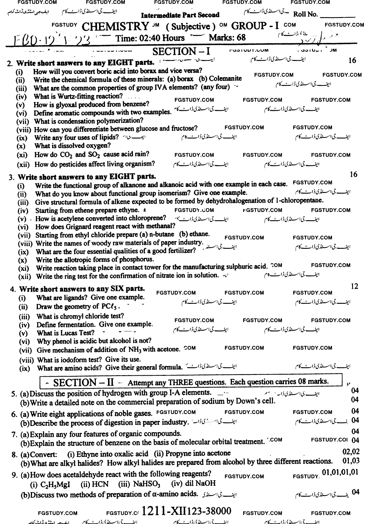 12th Class Chemistry Past Paper 2023 Faisalabad Board Group 1 Subjective