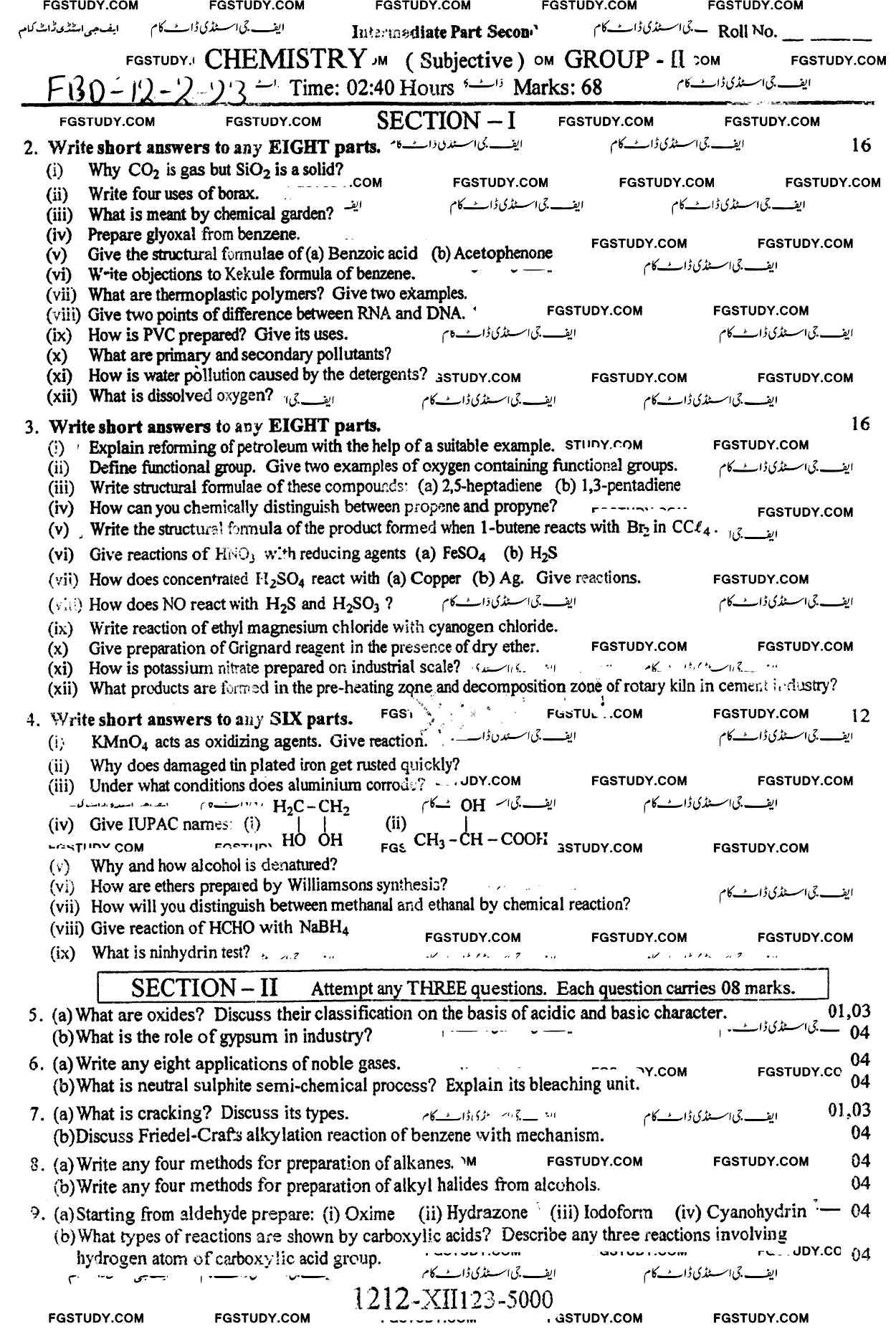 12th Class Chemistry Past Paper 2023 Faisalabad Board Group 2 Subjective